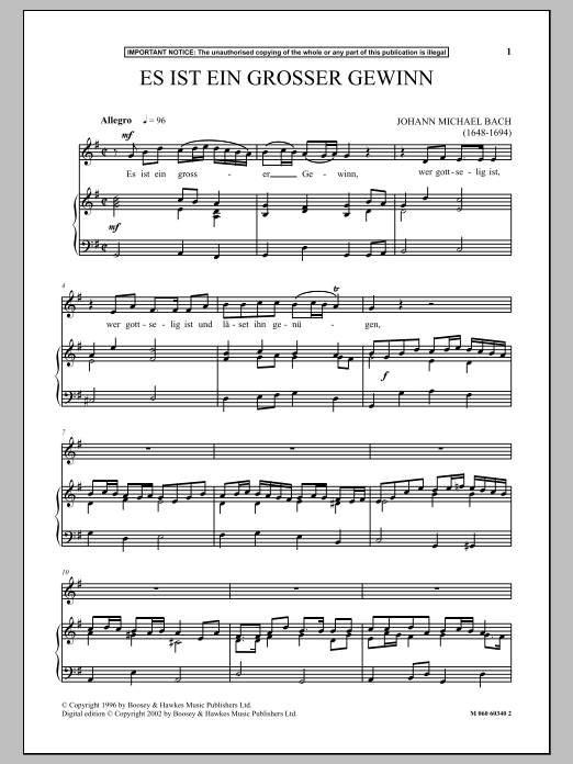 Johann Michael Bach Es Ist Ein Grosser Gewinn Sheet Music Notes & Chords for Piano & Vocal - Download or Print PDF