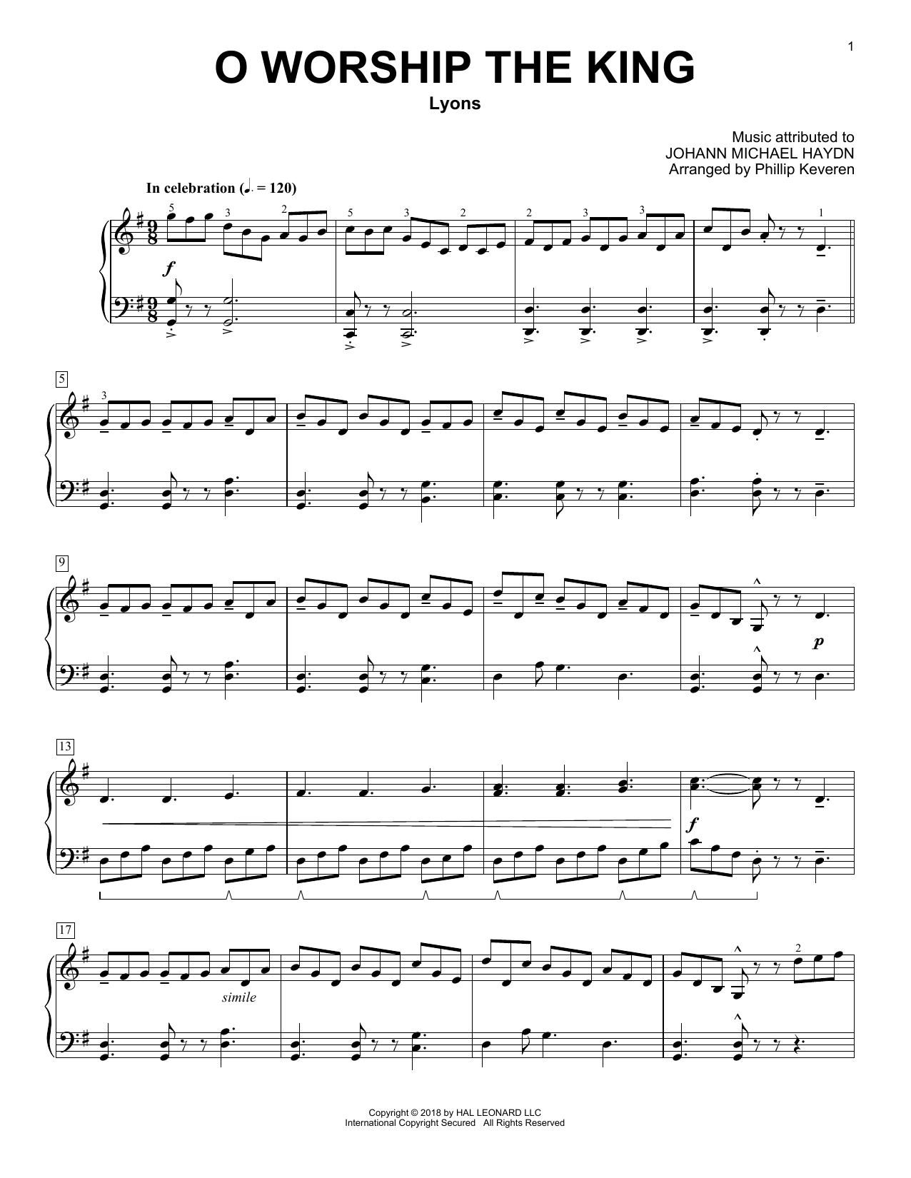 Johann Michael Haydn O Worship The King (arr. Phillip Keveren) Sheet Music Notes & Chords for Piano - Download or Print PDF
