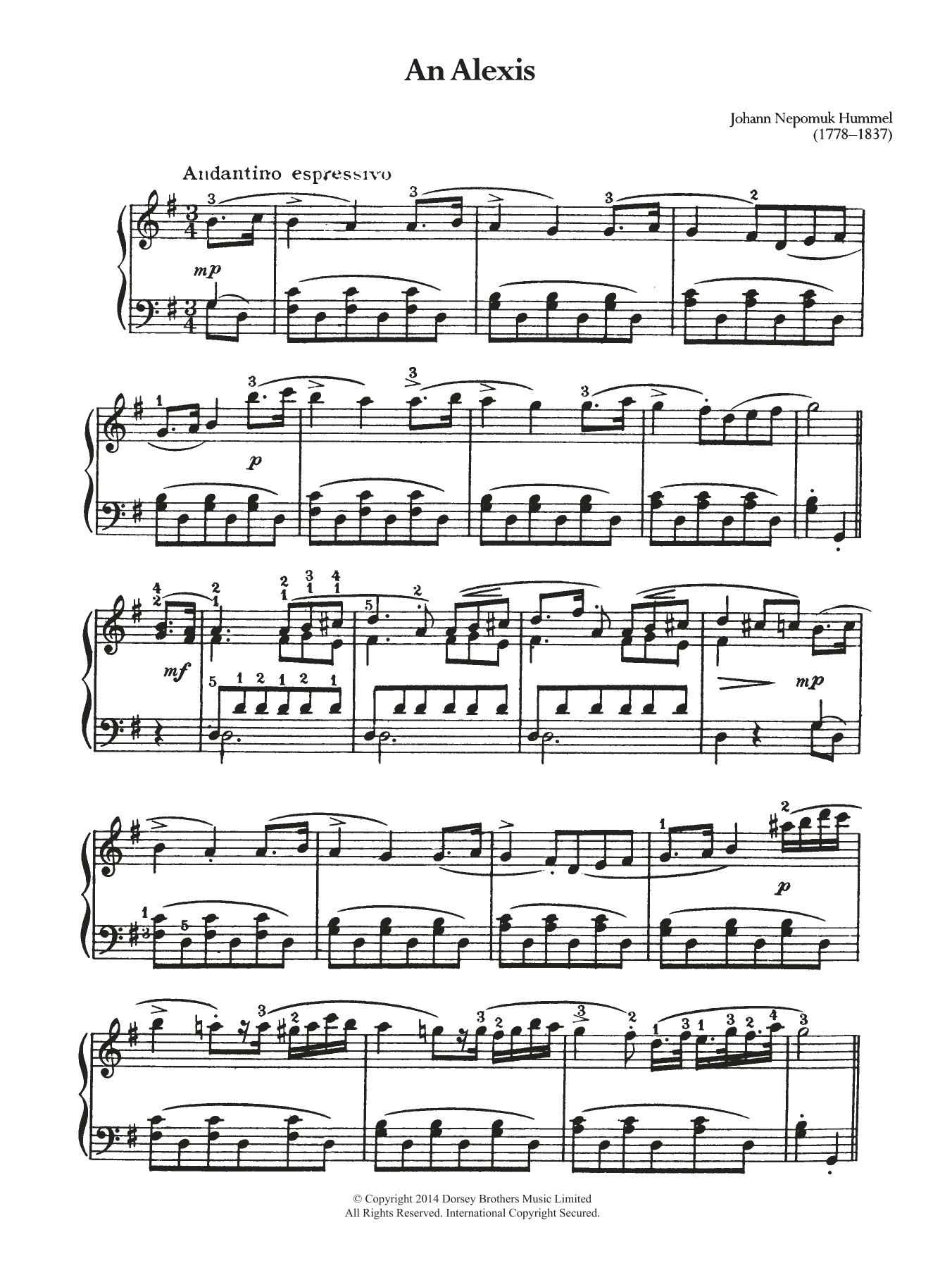 Johann Nepomuk Hummel An Alexis Sheet Music Notes & Chords for Piano - Download or Print PDF