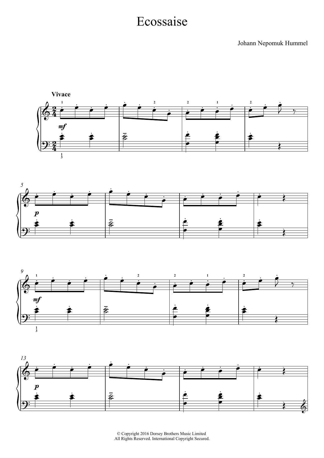 Johann Nepomuk Hummel Ecossaise Sheet Music Notes & Chords for Easy Piano - Download or Print PDF