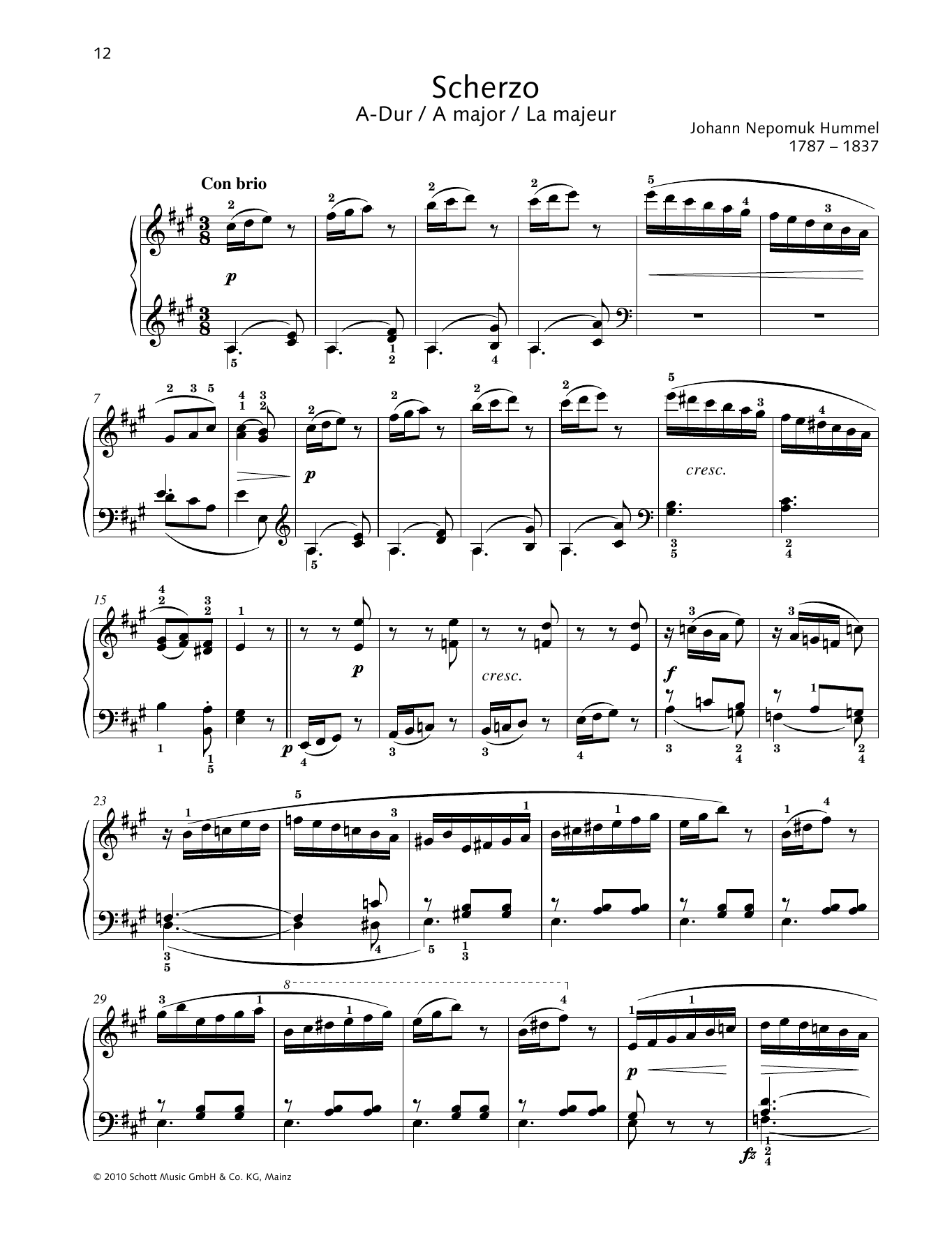 Johann Nepomuk Hummel Scherzo A major Sheet Music Notes & Chords for Piano Solo - Download or Print PDF
