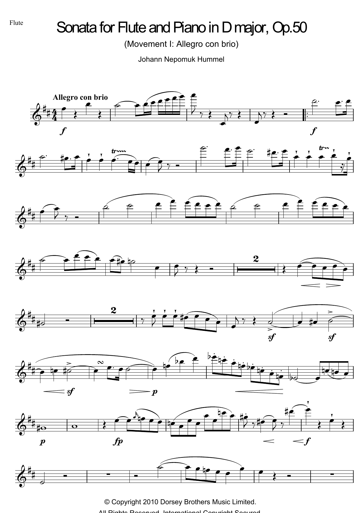 Johann Nepomuk Hummel Sonata For Flute And Piano In D Major, Op.50 Sheet Music Notes & Chords for Flute - Download or Print PDF