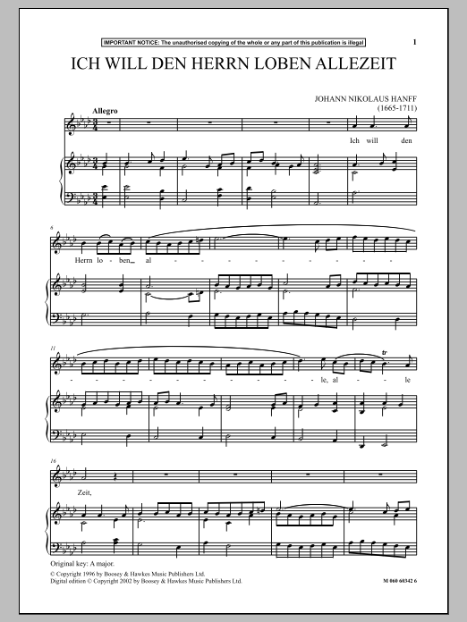 Johann Nikolaus Hanff Ich Will Den Herrn Loben Allezeit Sheet Music Notes & Chords for Piano & Vocal - Download or Print PDF