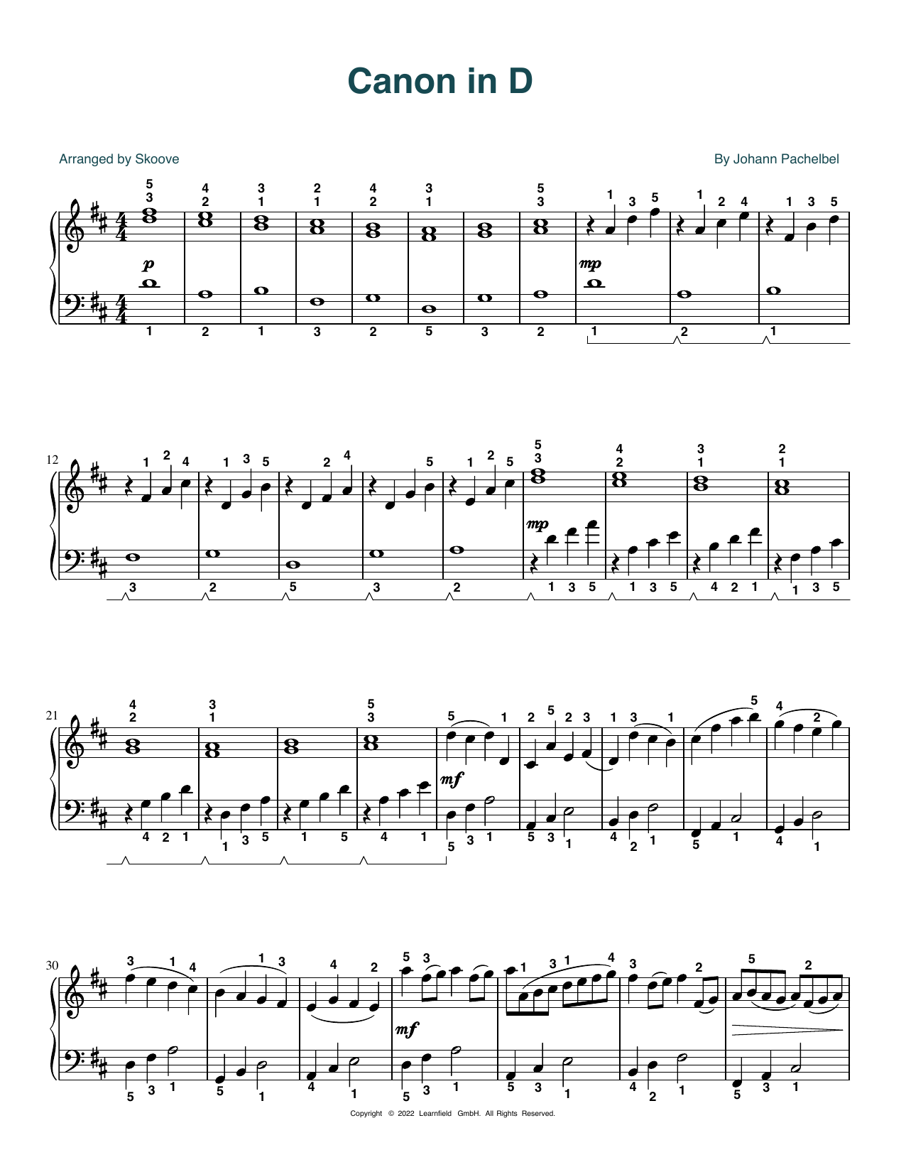 Johann Pachelbel Canon in D (arr. Skoove) Sheet Music Notes & Chords for Piano Solo - Download or Print PDF