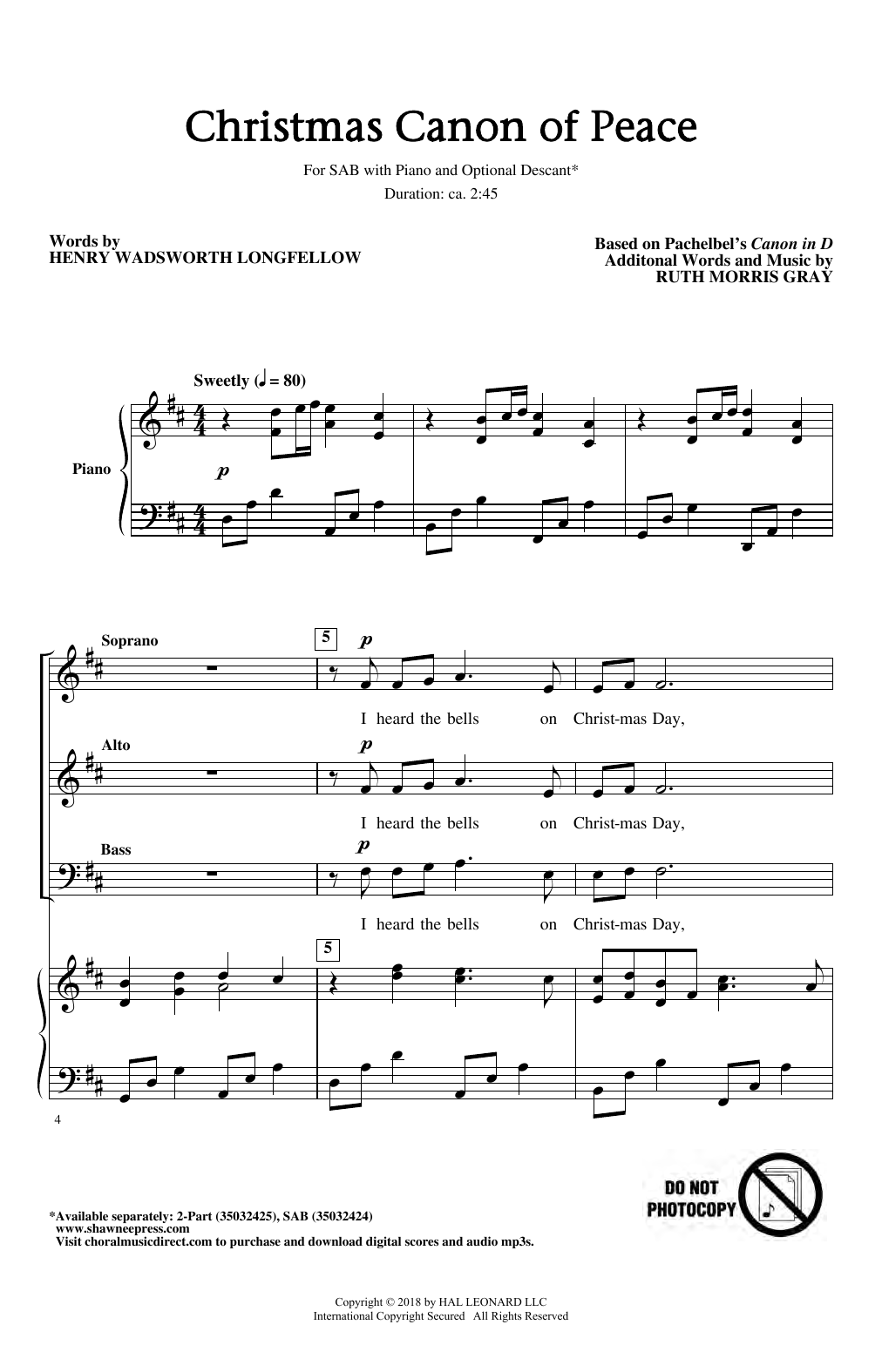 Johann Pachelbel Christmas Canon Of Peace (arr. Ruth Morris Gray) Sheet Music Notes & Chords for SAB Choir - Download or Print PDF