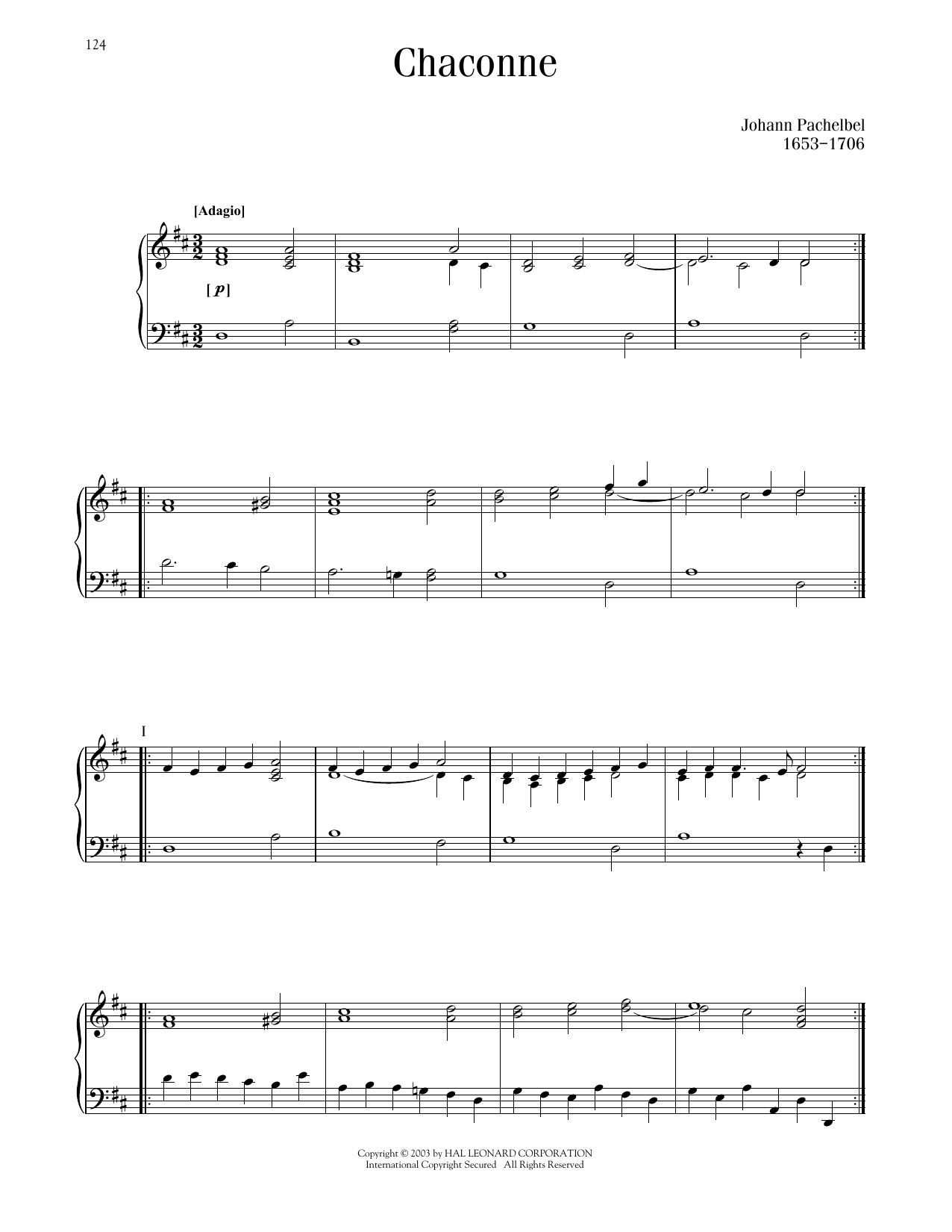 Johann Pachelbel Ciaconna (Chaconne) Sheet Music Notes & Chords for Piano Solo - Download or Print PDF