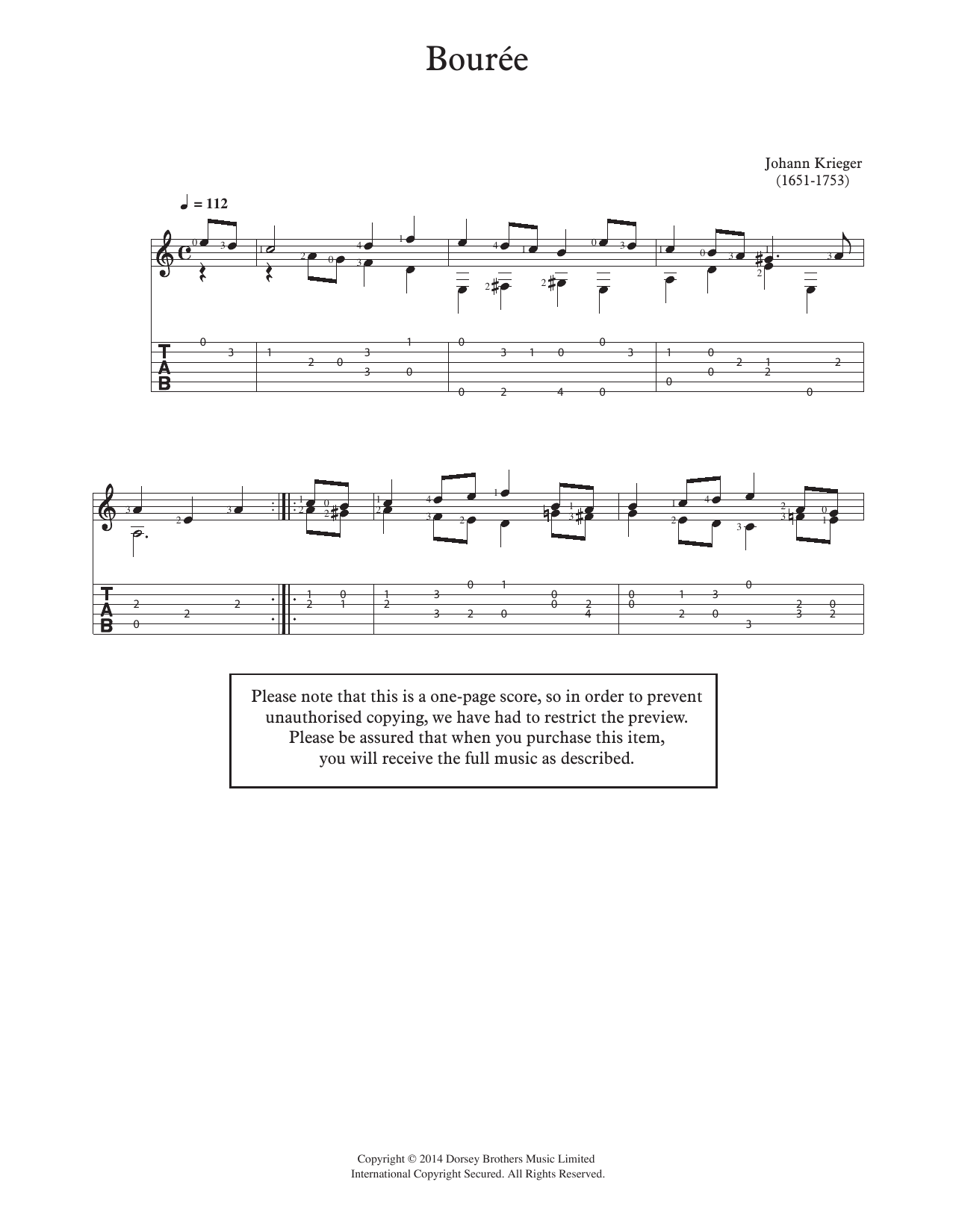 Johann Philipp Krieger Bouree Sheet Music Notes & Chords for Guitar - Download or Print PDF