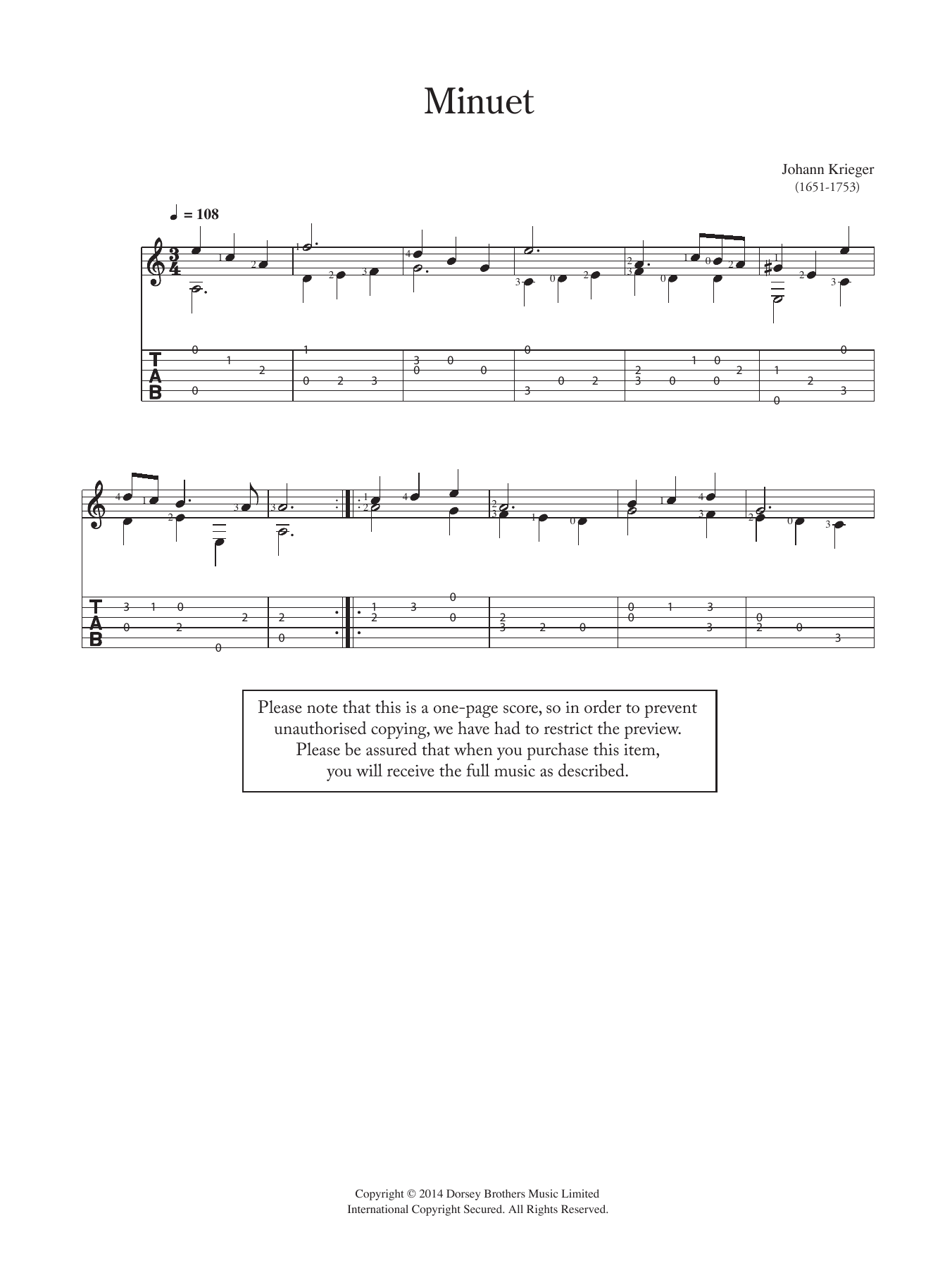 Johann Philipp Krieger Minuet Sheet Music Notes & Chords for Guitar - Download or Print PDF