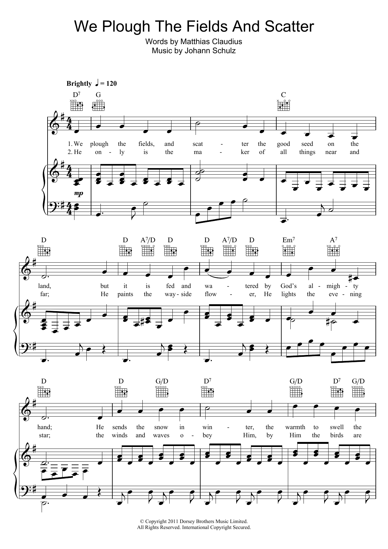 Johann Schulz We Plough The Fields And Scatter Sheet Music Notes & Chords for Piano, Vocal & Guitar (Right-Hand Melody) - Download or Print PDF