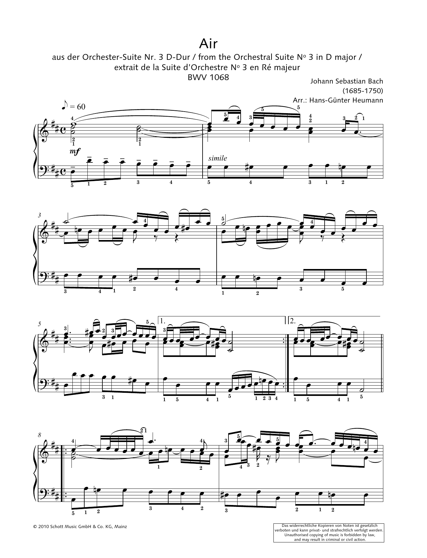 Johann Sebastian Bach Air Sheet Music Notes & Chords for Easy Piano - Download or Print PDF