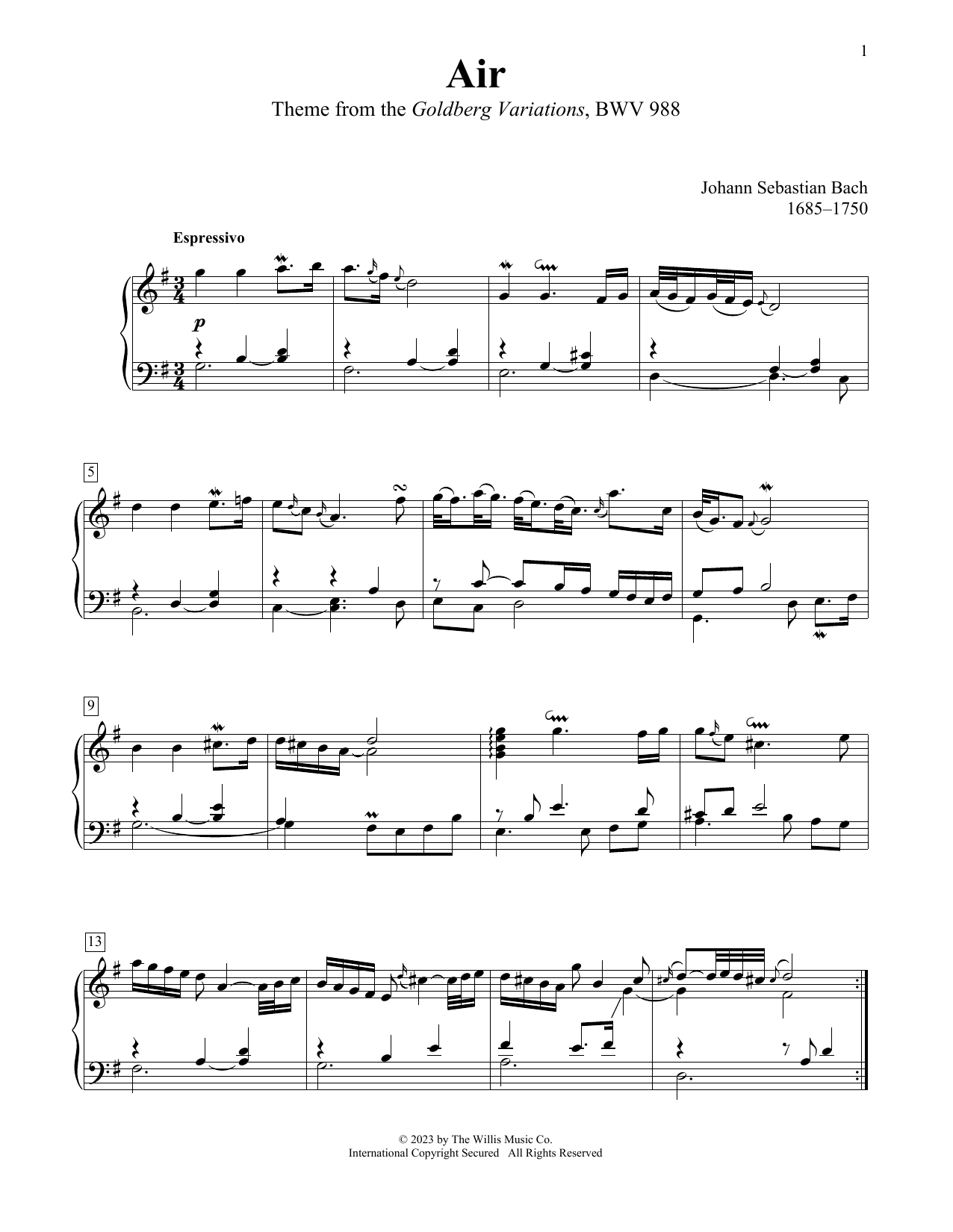 Johann Sebastian Bach Air (Theme From The Goldberg Variations, BWV 988) Sheet Music Notes & Chords for Educational Piano - Download or Print PDF