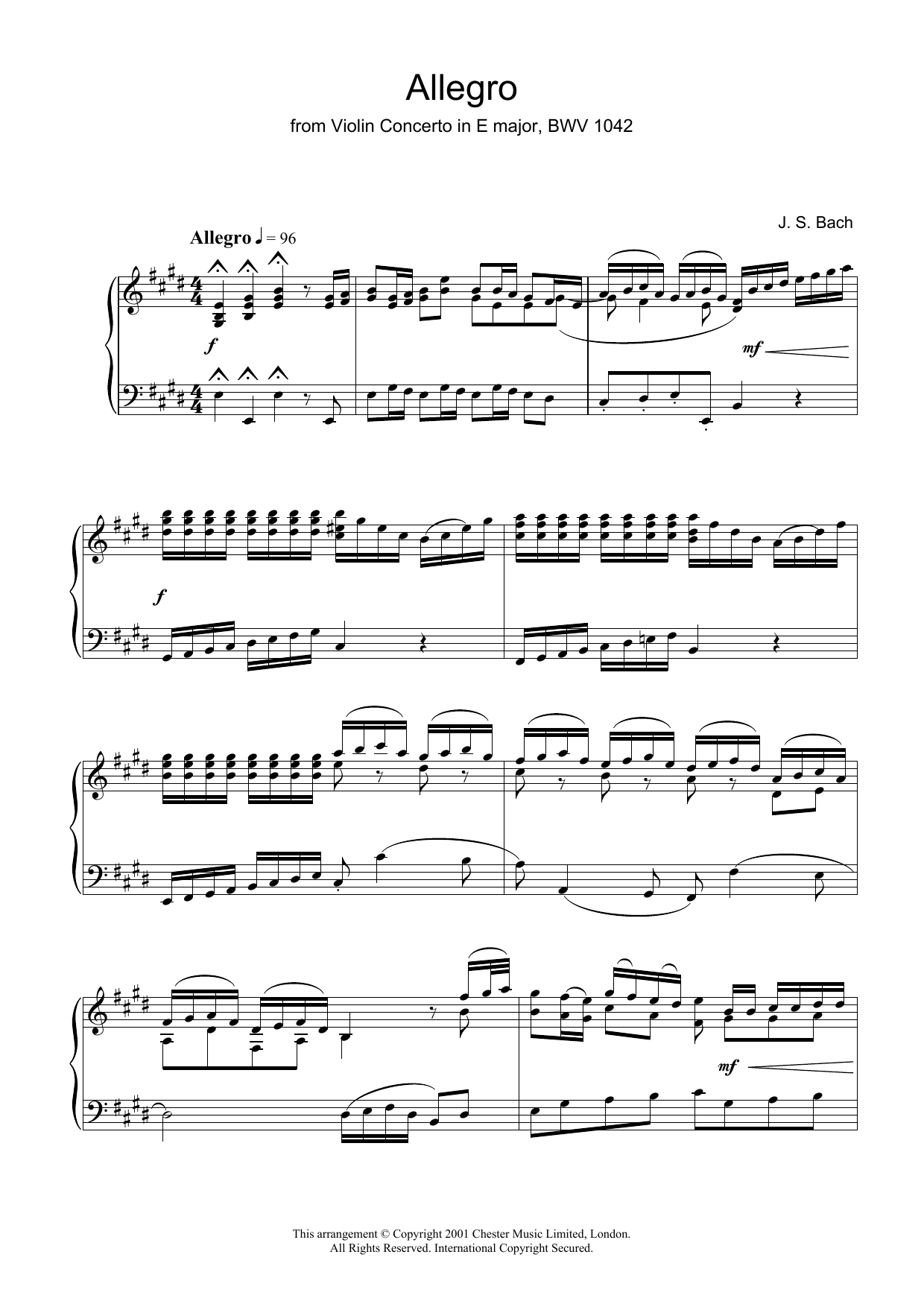J.S. Bach Allegro From Violin Concerto In E Major, Bwv 1042 Sheet Music Notes & Chords for Piano - Download or Print PDF