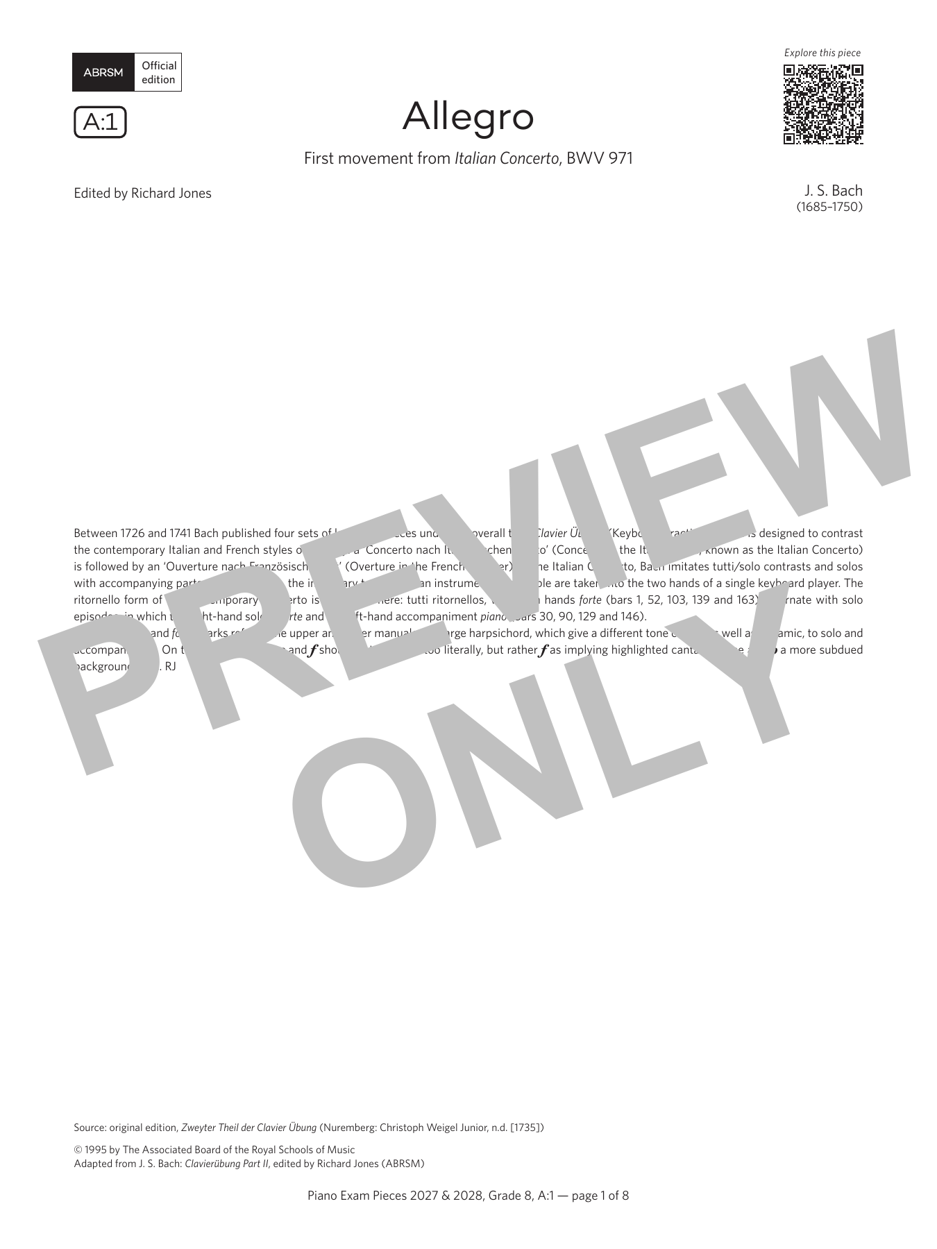 Johann Sebastian Bach Allegro (Grade 8, list A1, from the ABRSM Piano Syllabus 2027 & 2028) Sheet Music Notes & Chords for Piano Solo - Download or Print PDF