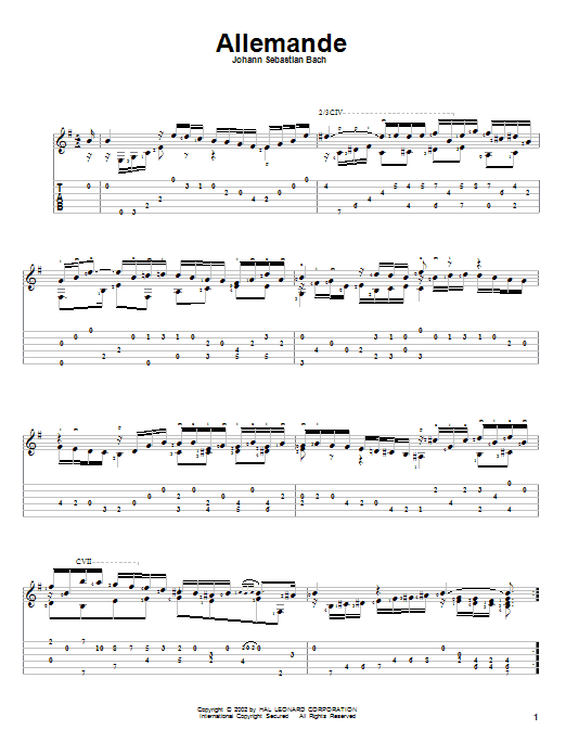 Johann Sebastian Bach Allemande Sheet Music Notes & Chords for Guitar Tab - Download or Print PDF