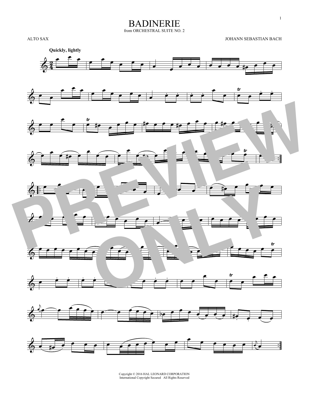 Johann Sebastian Bach Badinerie (Suite No. 2) Sheet Music Notes & Chords for Alto Saxophone - Download or Print PDF