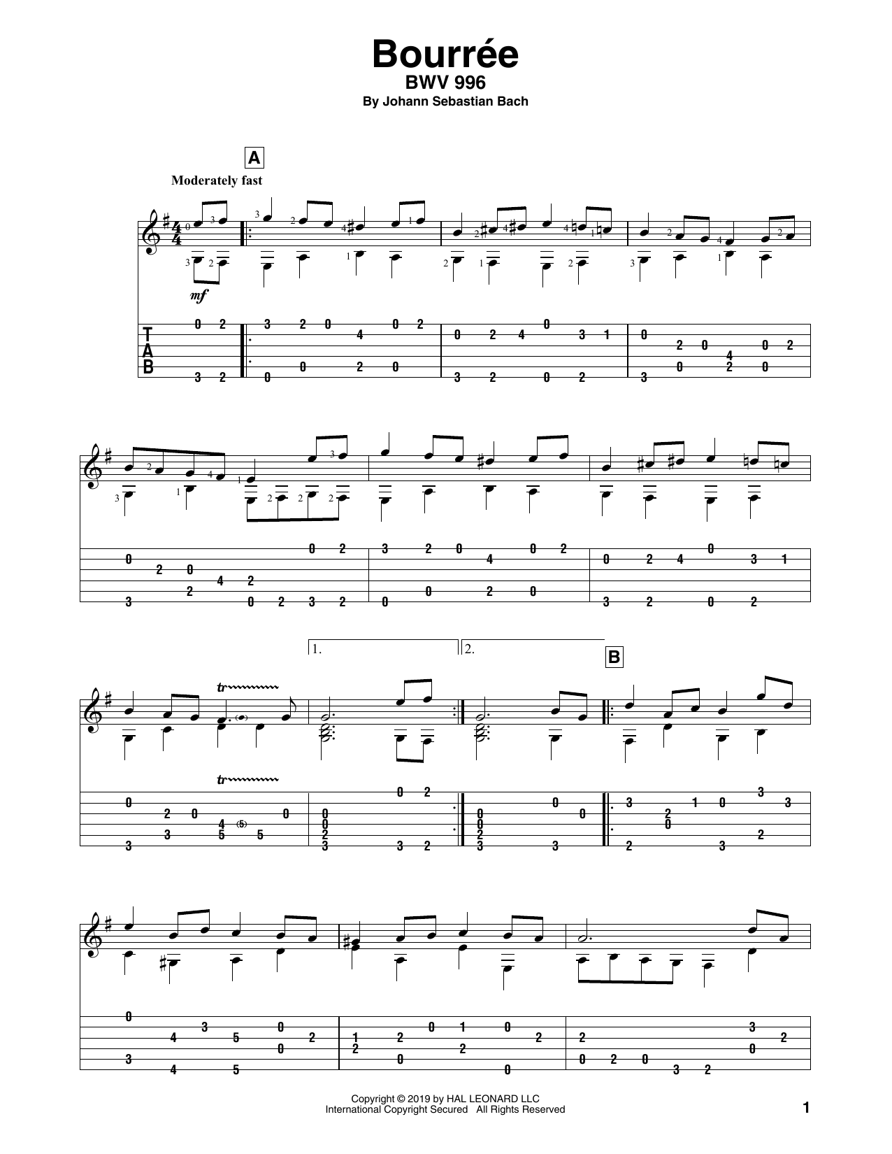 Johann Sebastian Bach Bouree (arr. Bill LaFleur) Sheet Music Notes & Chords for Solo Guitar Tab - Download or Print PDF