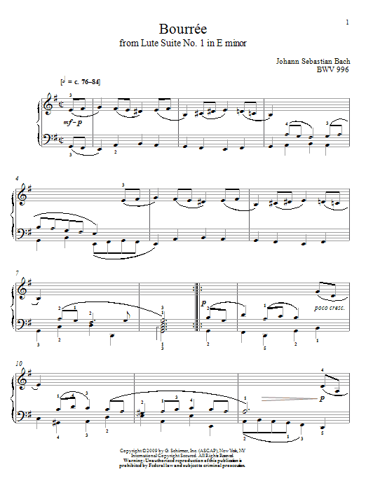 Johann Sebastian Bach Bouree, BWV 996 Sheet Music Notes & Chords for Piano - Download or Print PDF
