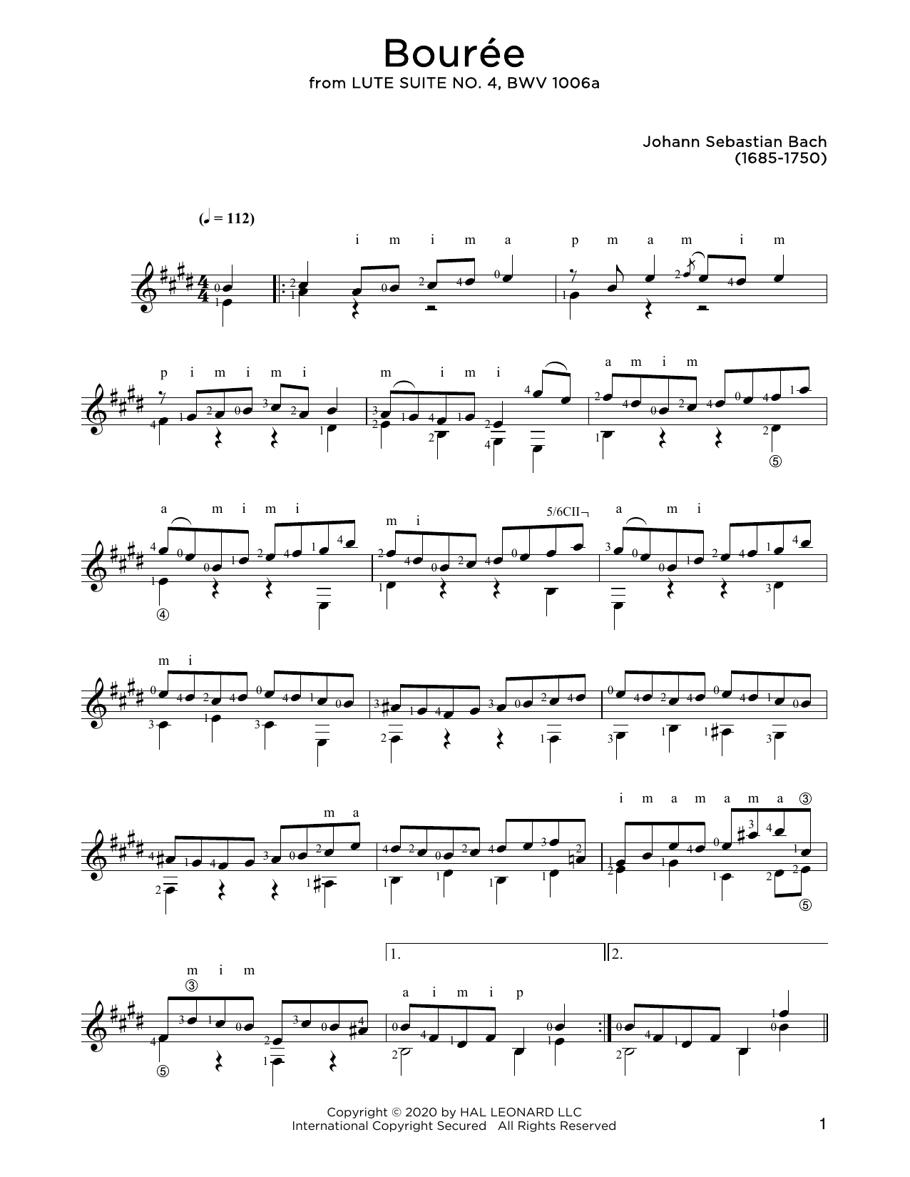 Johann Sebastian Bach Bouree Sheet Music Notes & Chords for Solo Guitar - Download or Print PDF