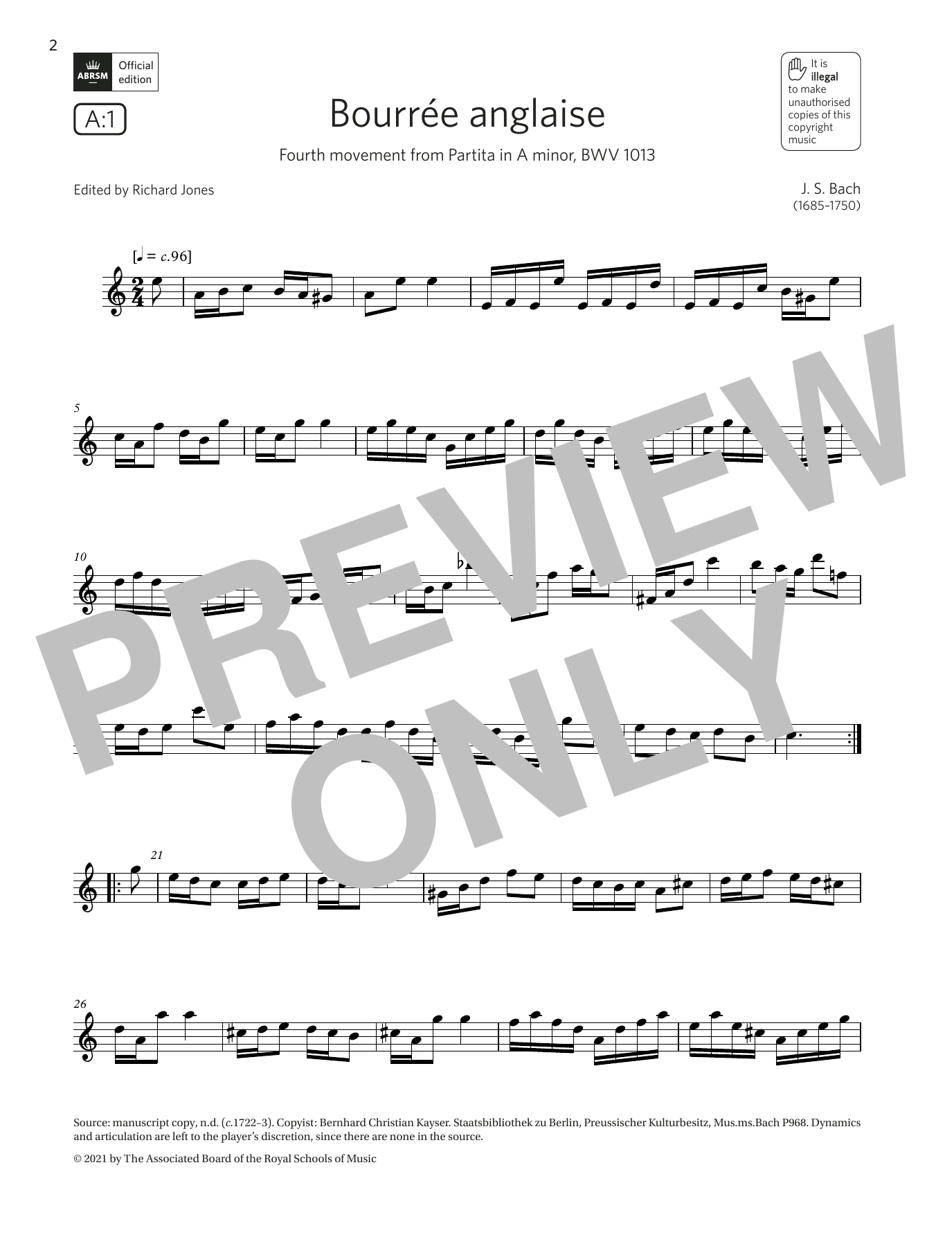 Johann Sebastian Bach Bourrée anglaise (from Partita in A minor)(Grade 6 List A1 from the ABRSM Flute syllabus from 2022) Sheet Music Notes & Chords for Flute Solo - Download or Print PDF