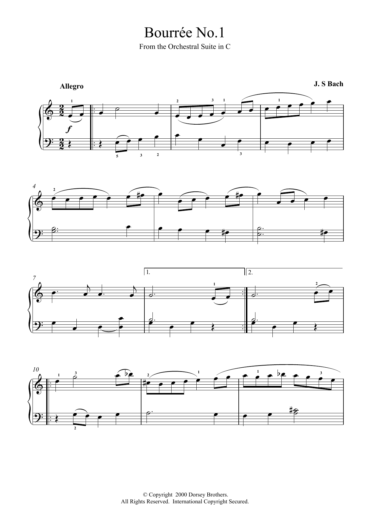 Johann Sebastian Bach Bourree No.1 Sheet Music Notes & Chords for Piano - Download or Print PDF