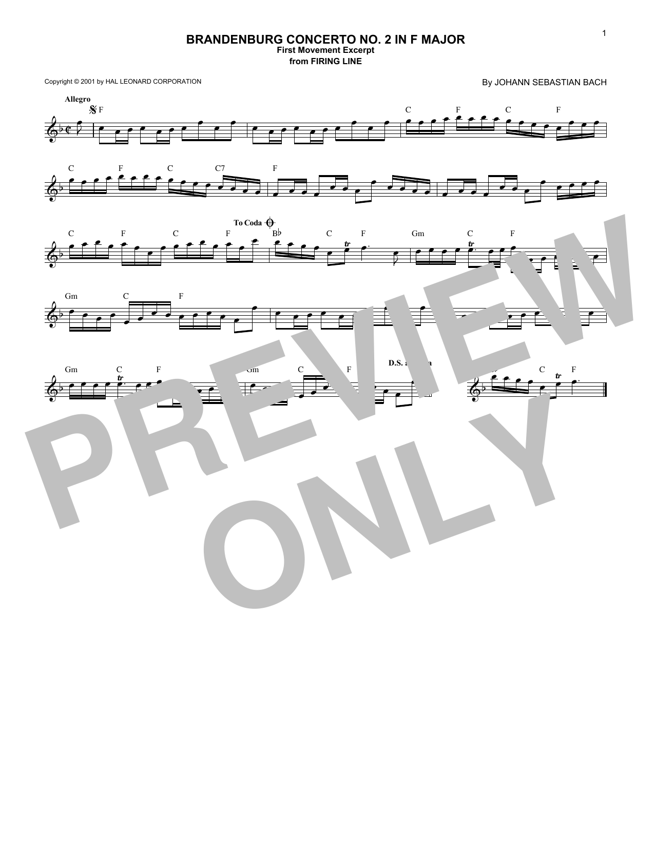 Johann Sebastian Bach Brandenburg Concerto No. 2 in F Major, First Movement Excerpt Sheet Music Notes & Chords for Piano Solo - Download or Print PDF