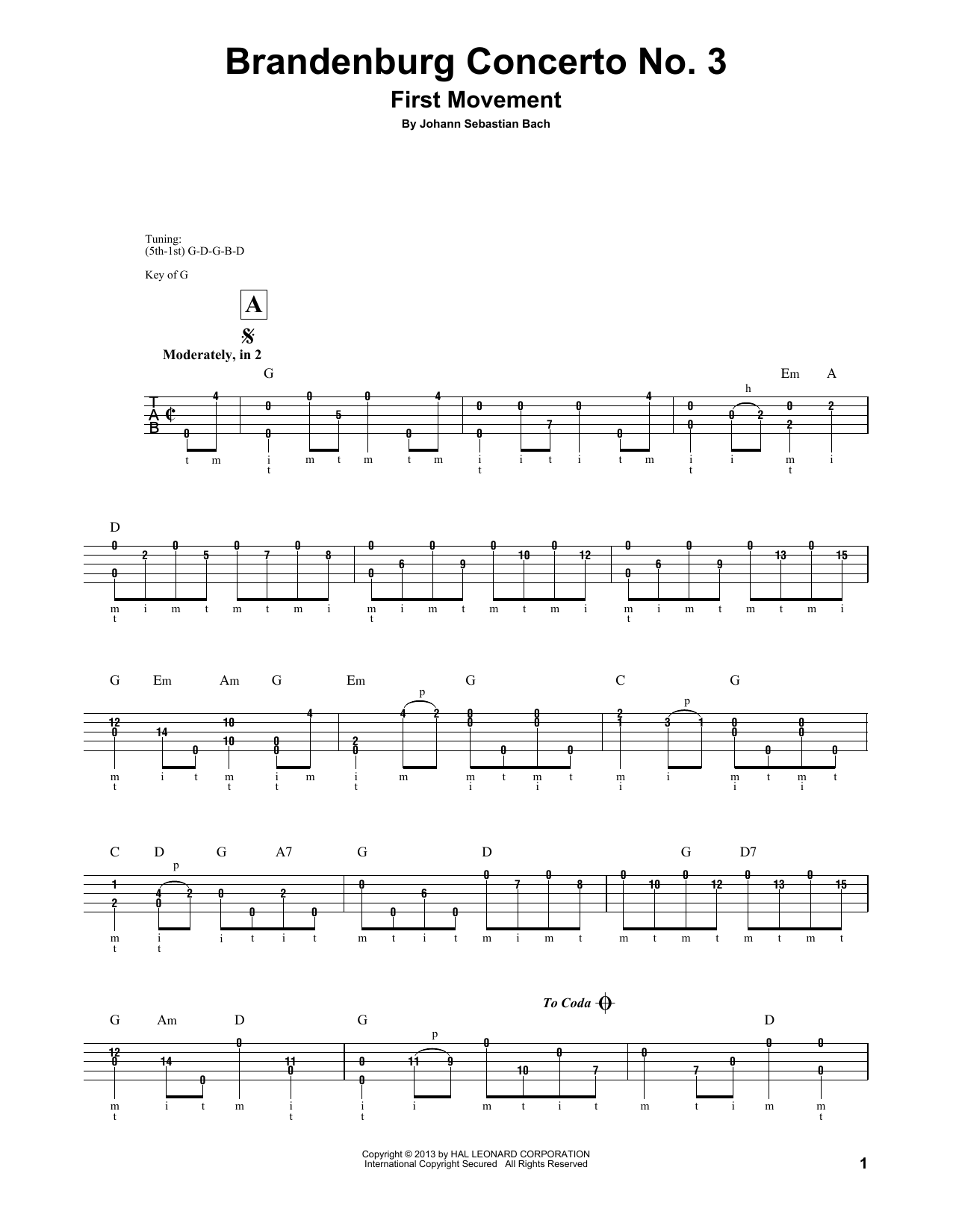 Mark Phillips Brandenburg Concerto No. 3 Sheet Music Notes & Chords for Banjo - Download or Print PDF