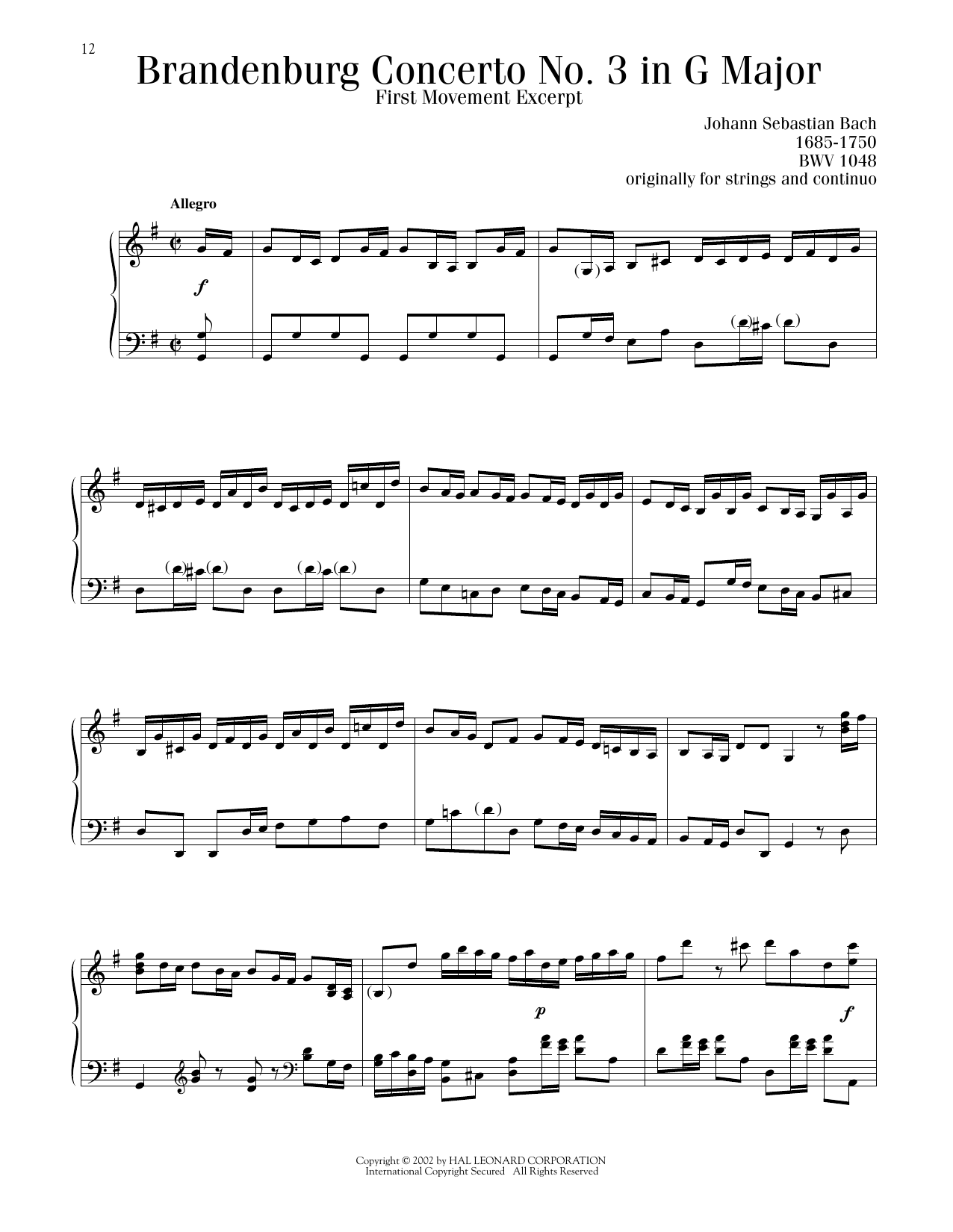 Johann Sebastian Bach Brandenburg Concerto No. 3 Sheet Music Notes & Chords for Piano Solo - Download or Print PDF