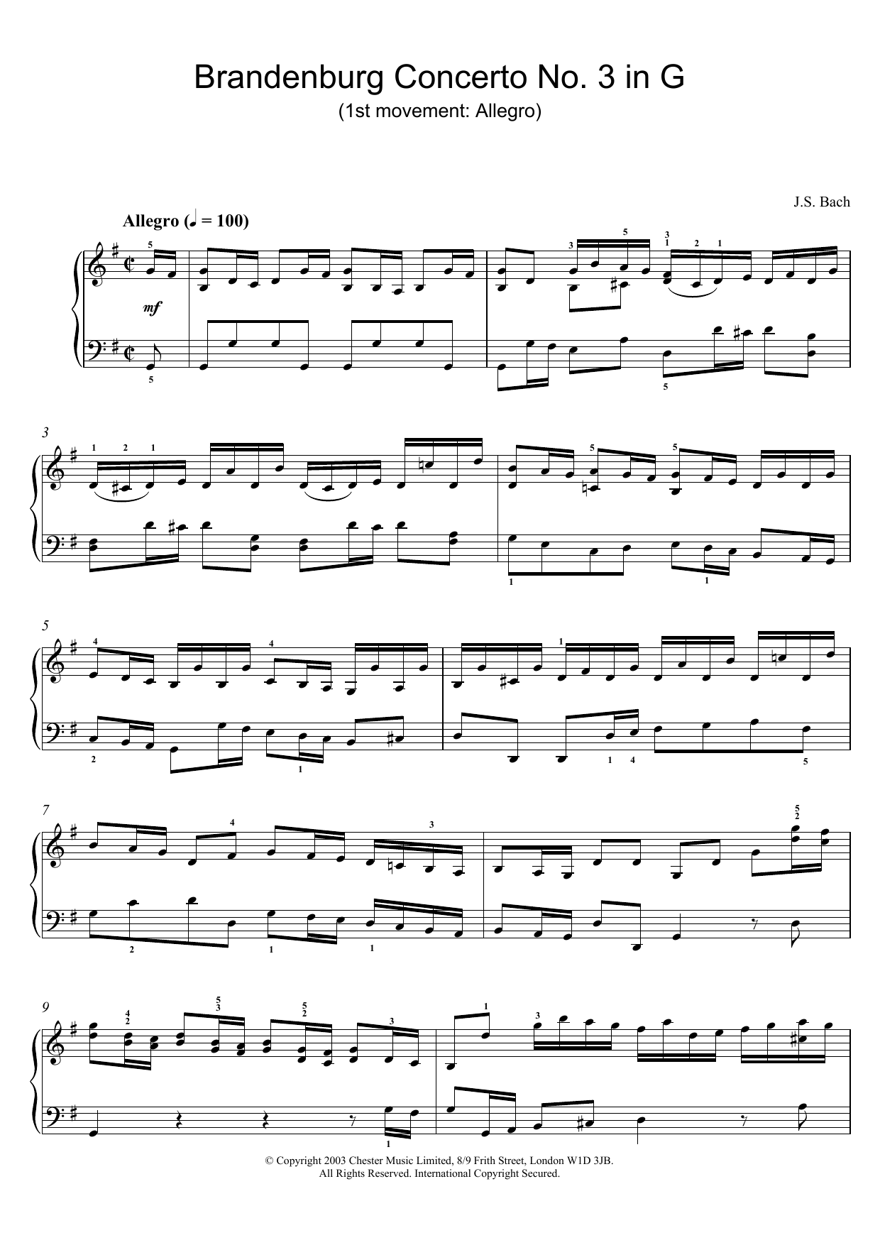 Johann Sebastian Bach Brandenburg Concerto No. 3 in G (1st movement: Allegro) Sheet Music Notes & Chords for Piano - Download or Print PDF