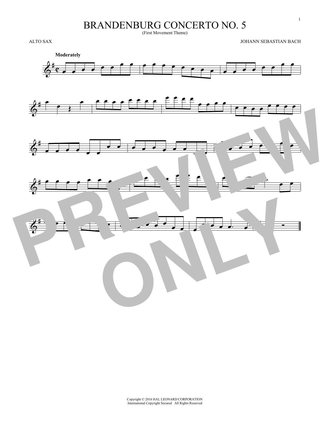 Johann Sebastian Bach Brandenburg Concerto No. 5 Sheet Music Notes & Chords for Alto Saxophone - Download or Print PDF