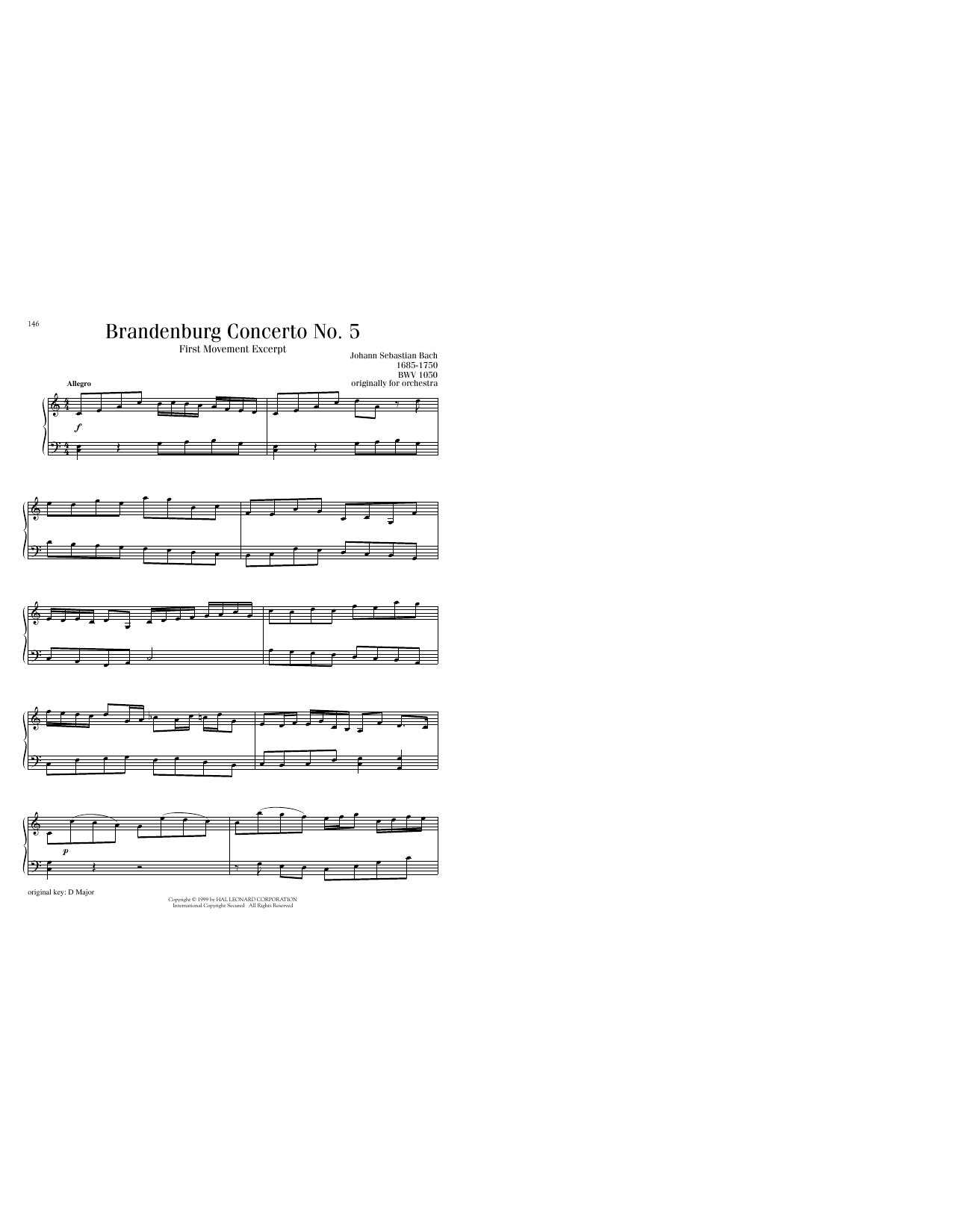 Johann Sebastian Bach Brandenburg Concerto No. 5 in D Major, First Movement Excerpt Sheet Music Notes & Chords for Piano Solo - Download or Print PDF