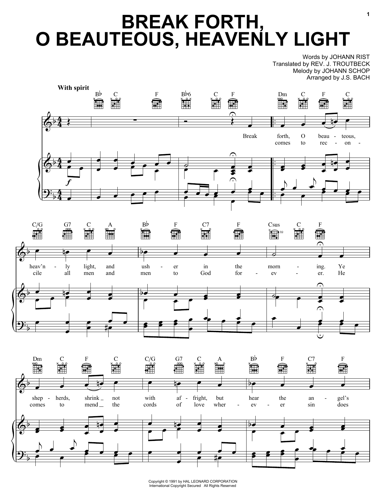 Johann Sebastian Bach Break Forth, O Beauteous, Heavenly Light Sheet Music Notes & Chords for Piano, Vocal & Guitar (Right-Hand Melody) - Download or Print PDF