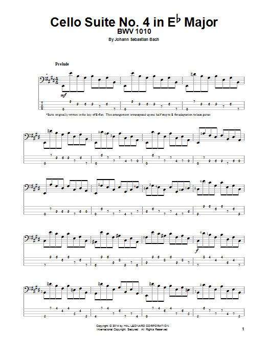 Johann Sebastian Bach Cello Suite No. 4 In E-Flat Major, BWV 1010 Sheet Music Notes & Chords for Bass Guitar Tab - Download or Print PDF