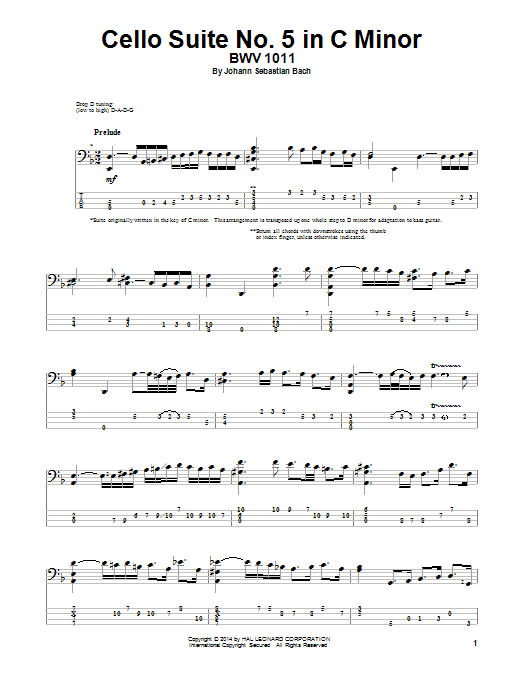 Johann Sebastian Bach Cello Suite No. 5 In C Minor, BWV 1011 Sheet Music Notes & Chords for Bass Guitar Tab - Download or Print PDF