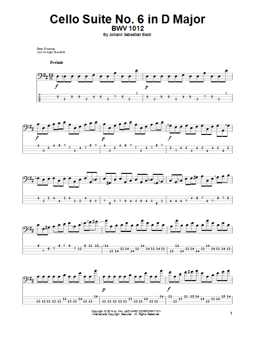 Johann Sebastian Bach Cello Suite No. 6 In D Major, BWV 1012 Sheet Music Notes & Chords for Bass Guitar Tab - Download or Print PDF