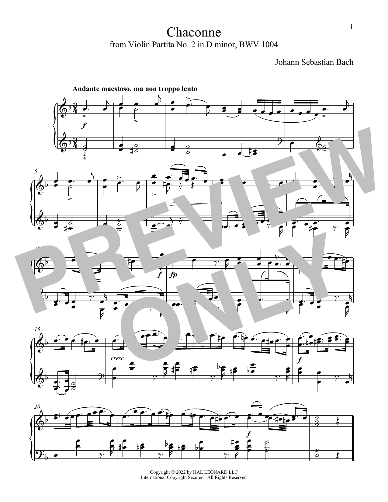 Johann Sebastian Bach Chaconne (Theme), BWV 1004 Sheet Music Notes & Chords for Piano Solo - Download or Print PDF
