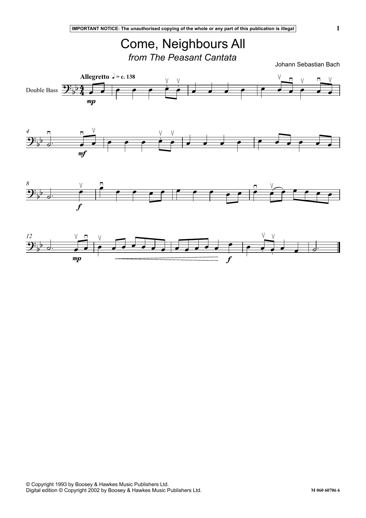 Johann Sebastian Bach Come, Neighbours All (from The Peasant Cantata) Sheet Music Notes & Chords for Instrumental Solo - Download or Print PDF