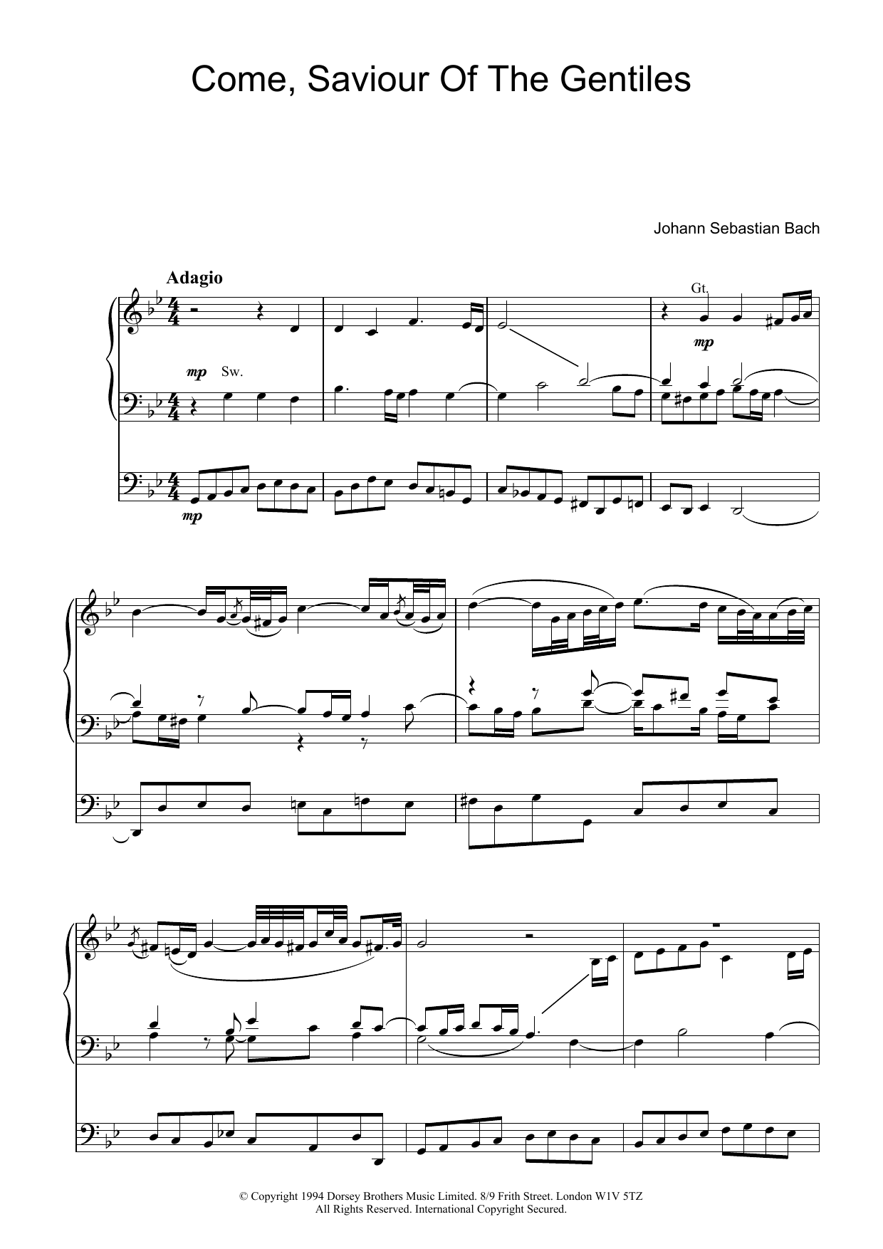 Johann Sebastian Bach Come, Saviour Of The Gentiles Sheet Music Notes & Chords for Organ - Download or Print PDF