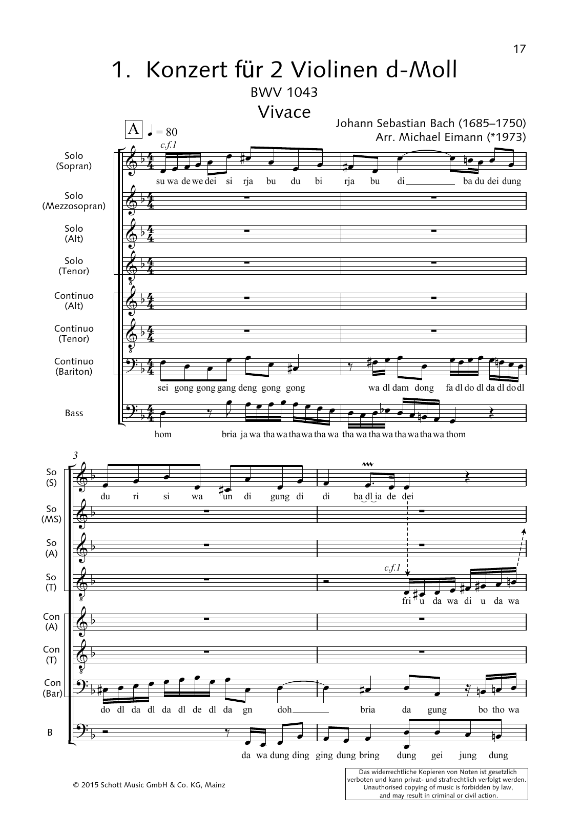 Johann Sebastian Bach Concerto for 2 Violins (Vivace) Sheet Music Notes & Chords for Choral - Download or Print PDF