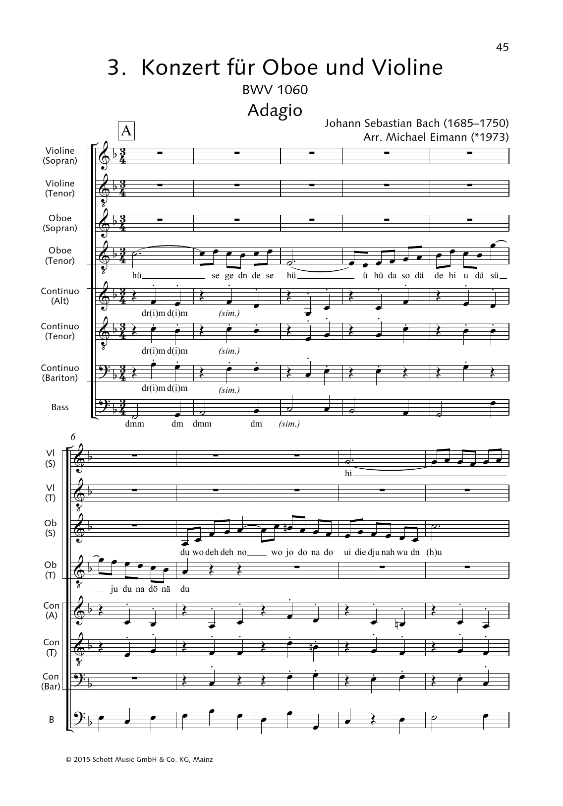 Johann Sebastian Bach Concerto for Oboe and Violin (Adagio) Sheet Music Notes & Chords for Choral - Download or Print PDF