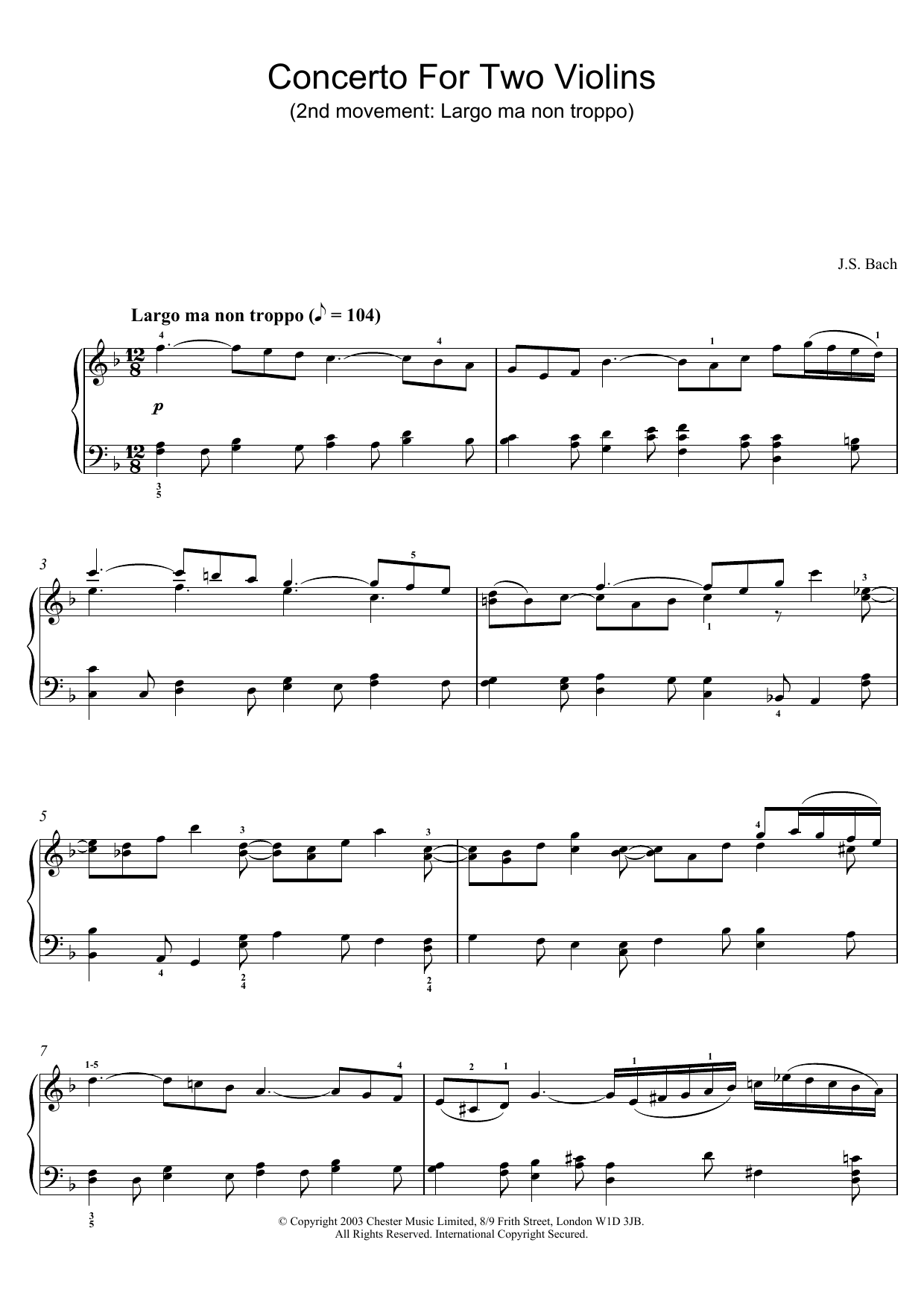 Johann Sebastian Bach Concerto For Two Violins (2nd movement: Largo ma non troppo) Sheet Music Notes & Chords for Piano - Download or Print PDF
