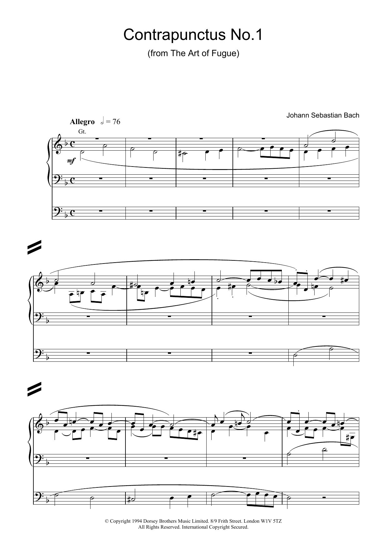 Johann Sebastian Bach Contrapunctus No.1 from The Art of Fugue Sheet Music Notes & Chords for Organ - Download or Print PDF