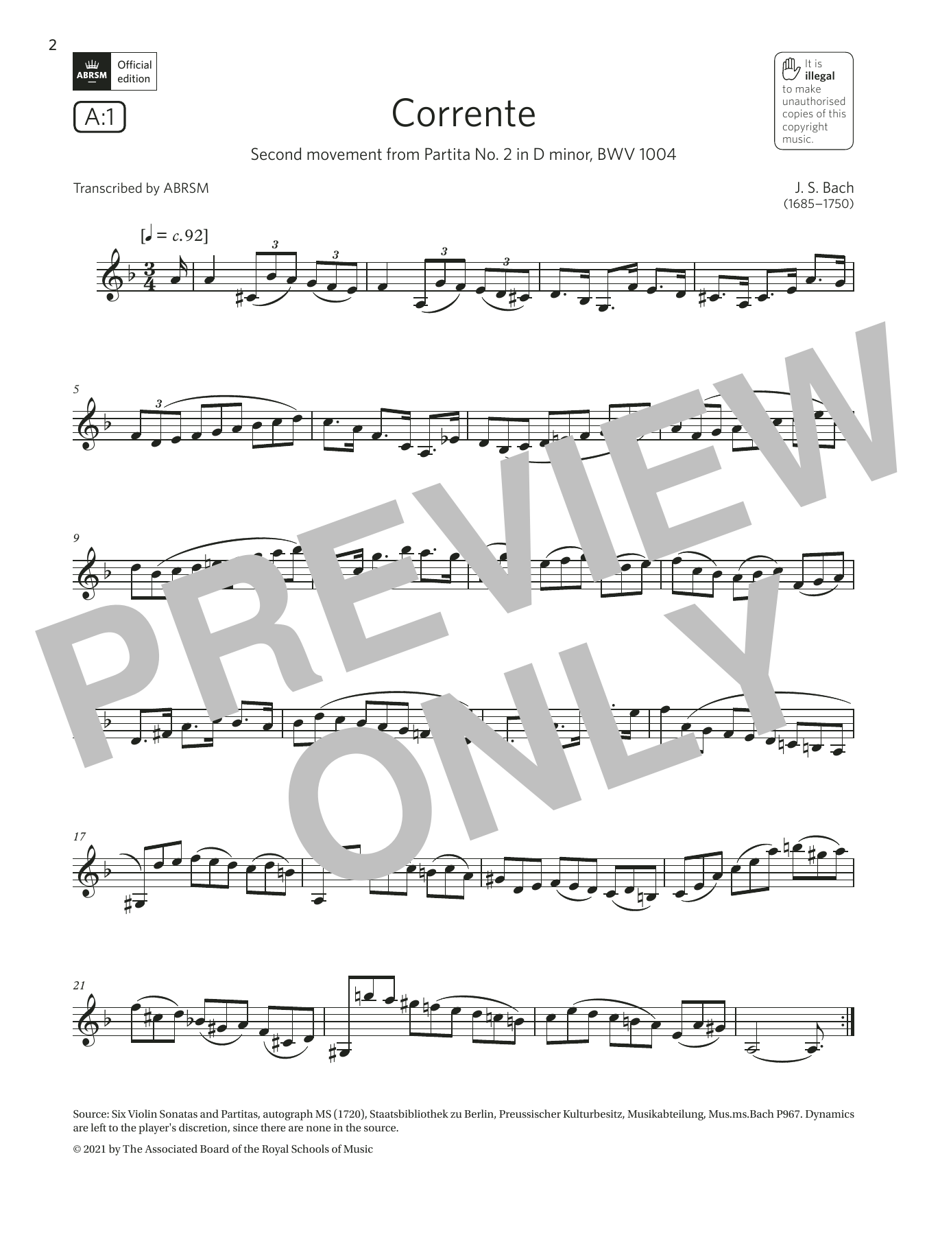 Johann Sebastian Bach Corrente (from Partita No2 in D minor) (Grade 6 List A1 from the ABRSM Clarinet syllabus from 2022) Sheet Music Notes & Chords for Clarinet Solo - Download or Print PDF Johann Sebastian Bach Corrente (from Partita No2 in D minor) (Grade 6 List A1 from the ABRSM Clarinet syllabus from 2022) Sheet Music Notes & Chords for Clarinet Solo - Download or Print PDF
