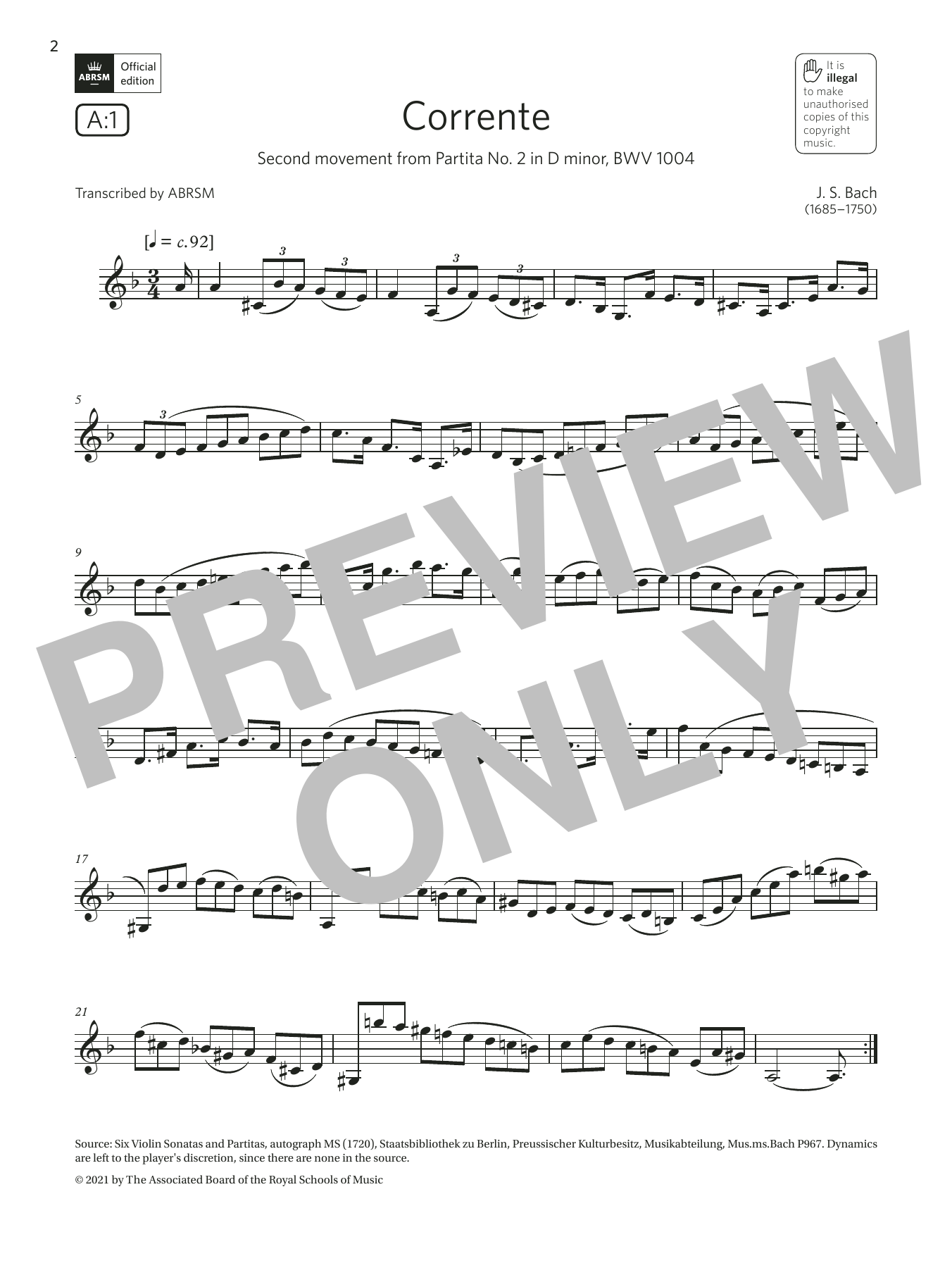 Johann Sebastian Bach Corrente (from Partita No2 in D minor) (Grade 6 List A1 from the ABRSM Clarinet syllabus from 2022) Sheet Music Notes & Chords for Clarinet Solo - Download or Print PDF