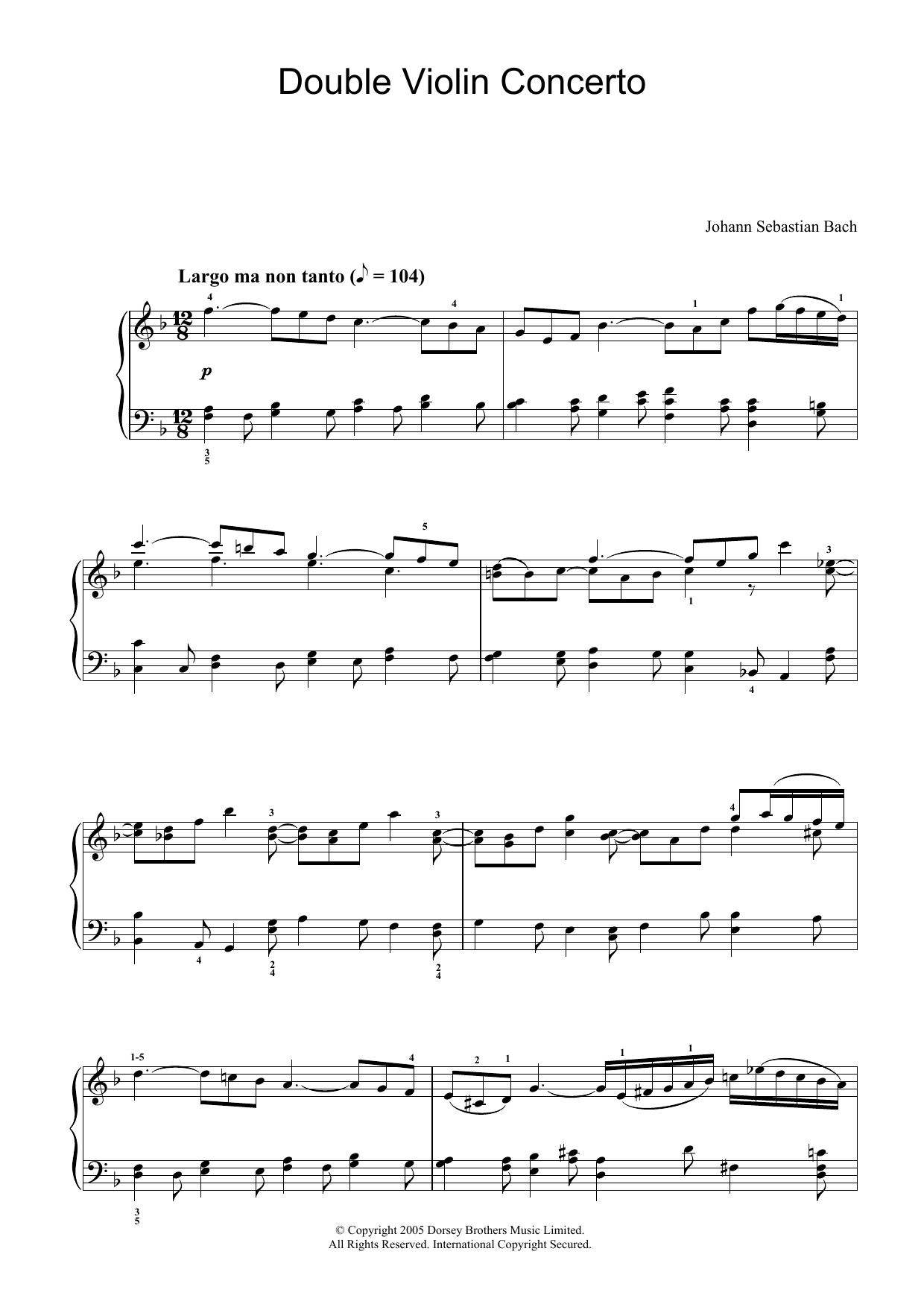J.S. Bach Double Violin Concerto, 2nd Movement Sheet Music Notes & Chords for Piano - Download or Print PDF