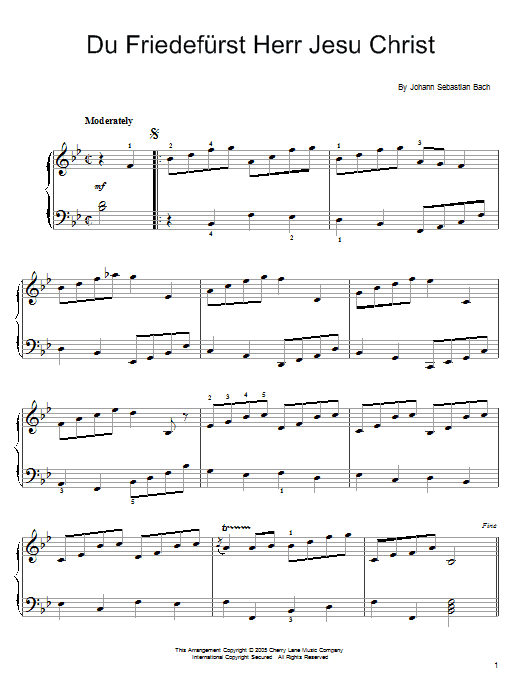 Johann Sebastian Bach Du Friedefurst Herr Jesu Christ Sheet Music Notes & Chords for Easy Piano - Download or Print PDF