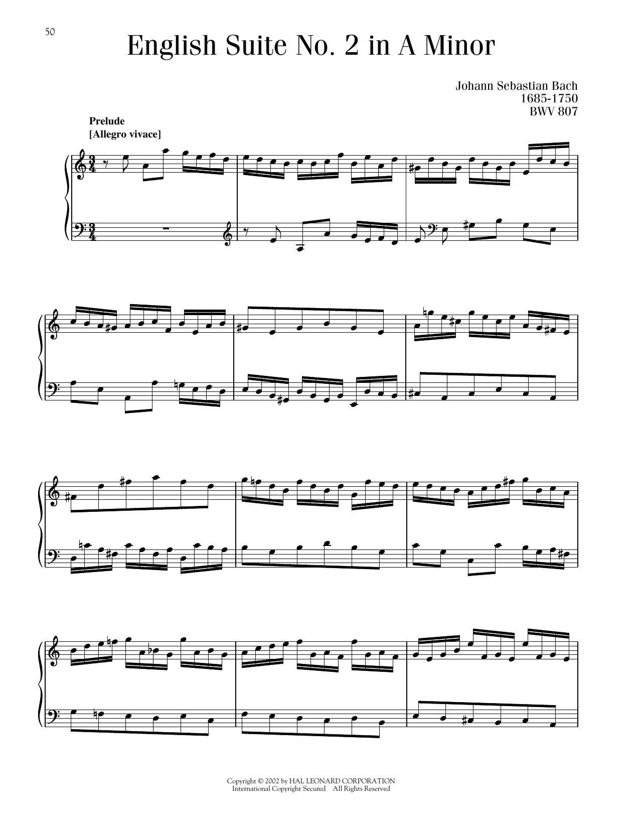 Johann Sebastian Bach English Suite No. 2, BWV 807 Sheet Music Notes & Chords for Piano Solo - Download or Print PDF