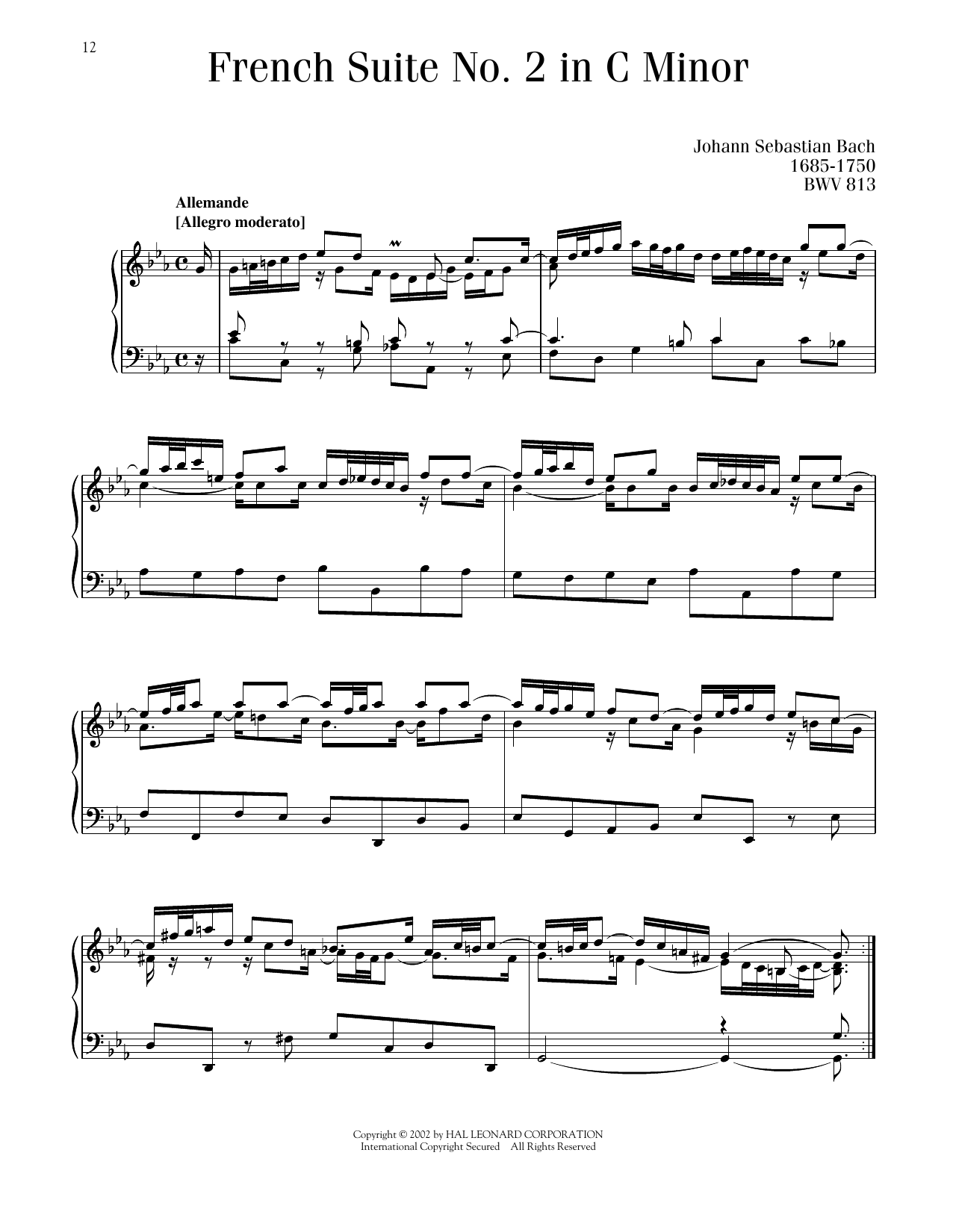 Johann Sebastian Bach French Suite No. 2, BWV 813 Sheet Music Notes & Chords for Piano Solo - Download or Print PDF