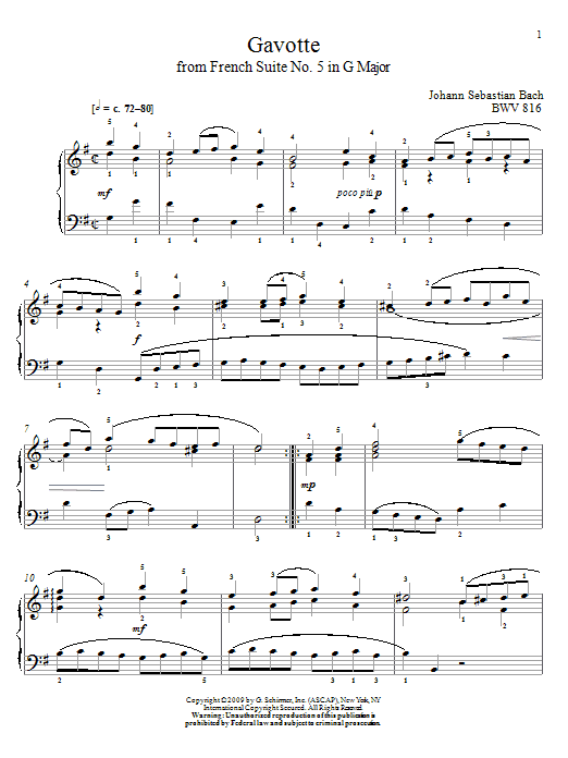 Johann Sebastian Bach Gavotte, BWV 816 Sheet Music Notes & Chords for Piano - Download or Print PDF