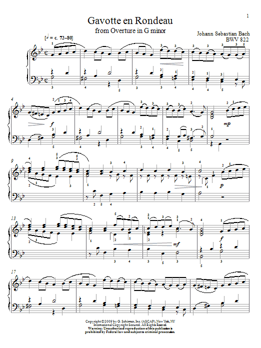 Johann Sebastian Bach Gavotte en Rondeau, BWV 811 Sheet Music Notes & Chords for Piano - Download or Print PDF