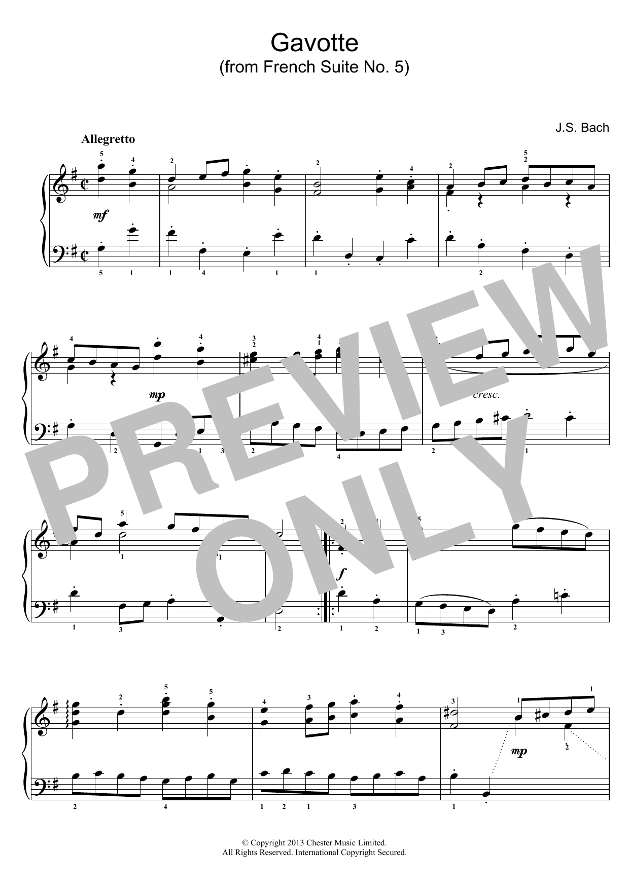 Johann Sebastian Bach Gavotte (from French Suite No. 5) Sheet Music Notes & Chords for Piano - Download or Print PDF
